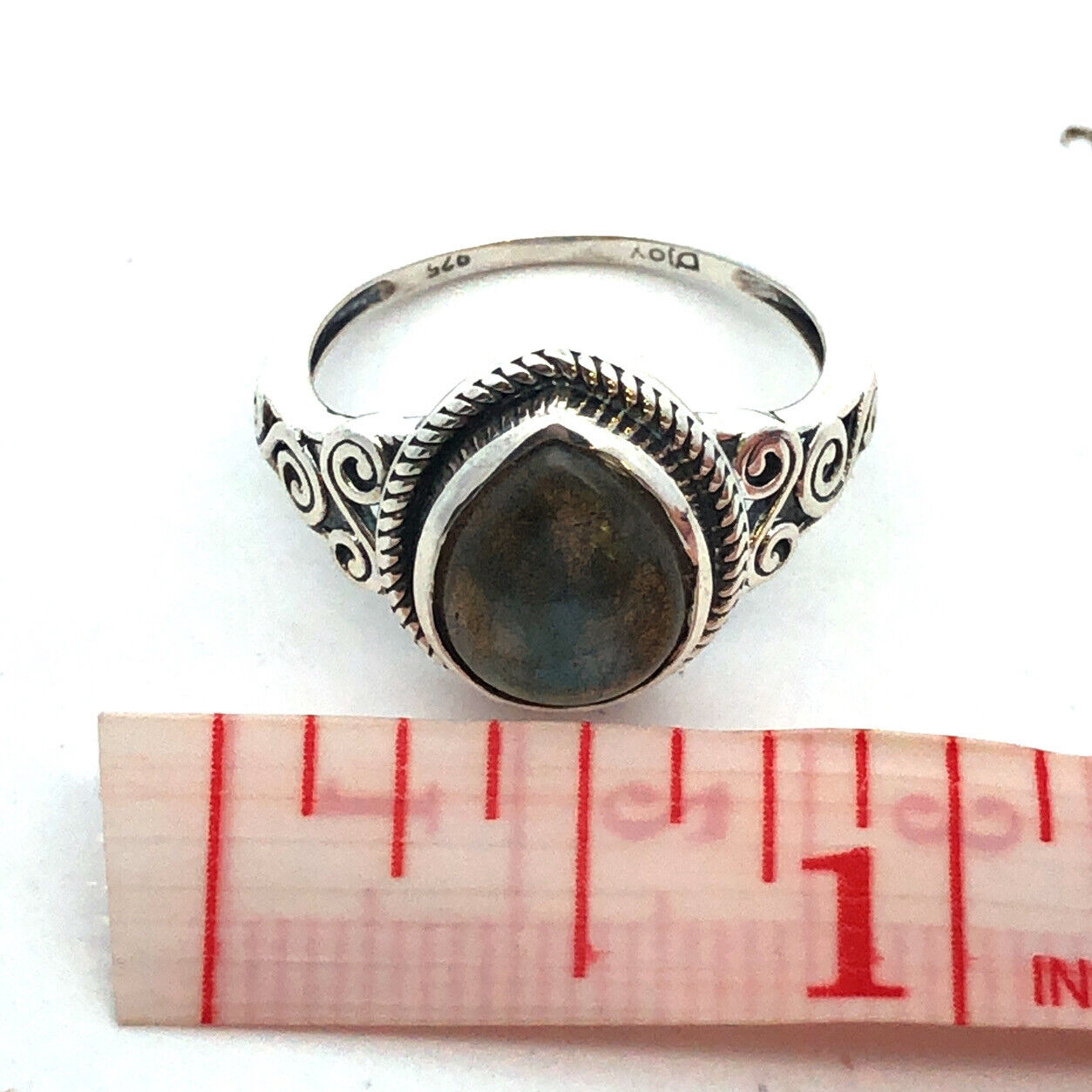 Designer D'Joy 925 Sterling Silver Pear Cabochon Labradorite Filigree Ring