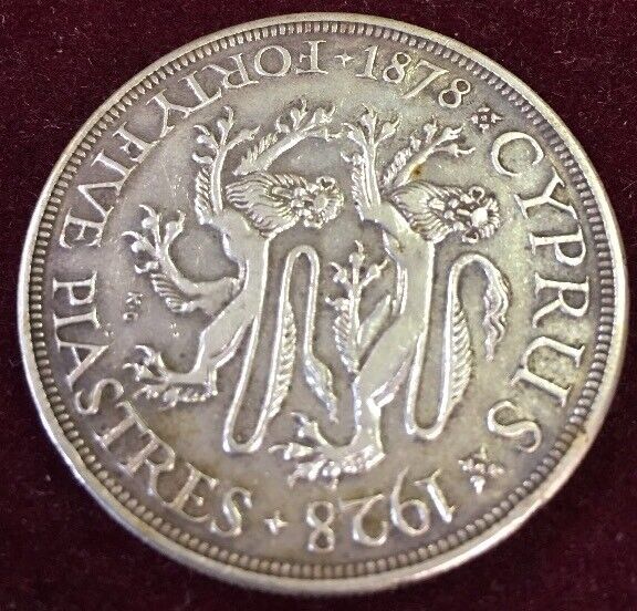1928 Cyprus Silver 45 Piastres XF Cleaned