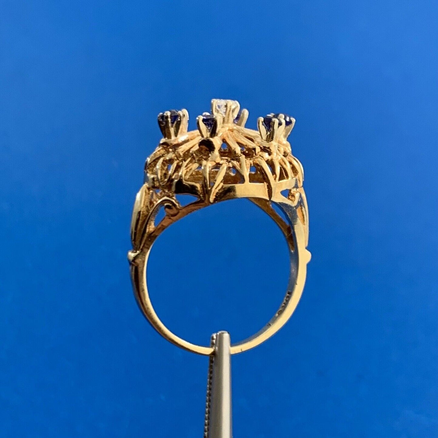 Designer 10K Yellow Gold Sapphire Diamond Starburst Crown Cocktail Ring