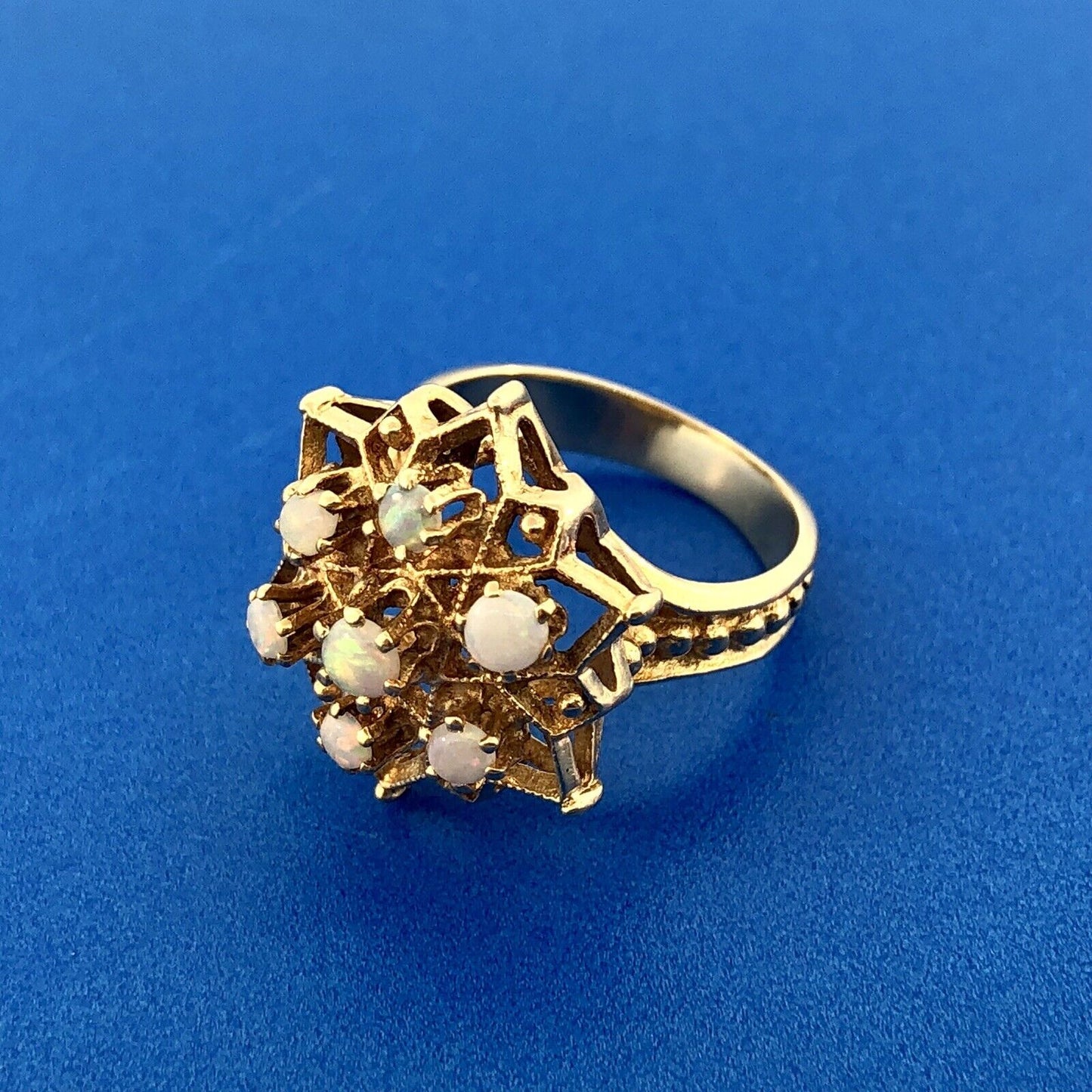 Art Nouveau 14K Yellow Gold Opal Star Flower Cluster October Etruscan Style Ring