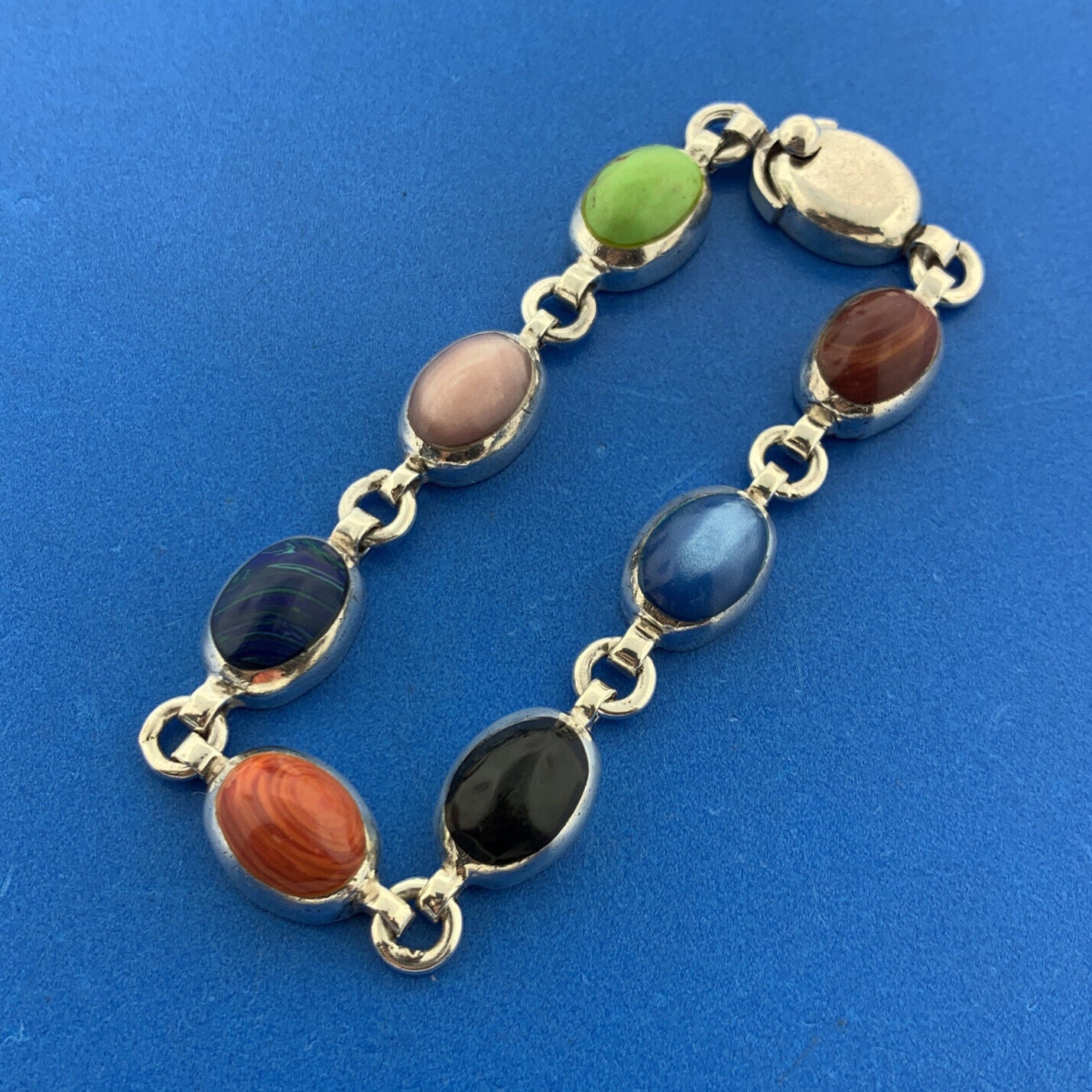 Vintage Mexico Sterling Silver Mixed Gemstone Oval Cabochon Statement Bracelet