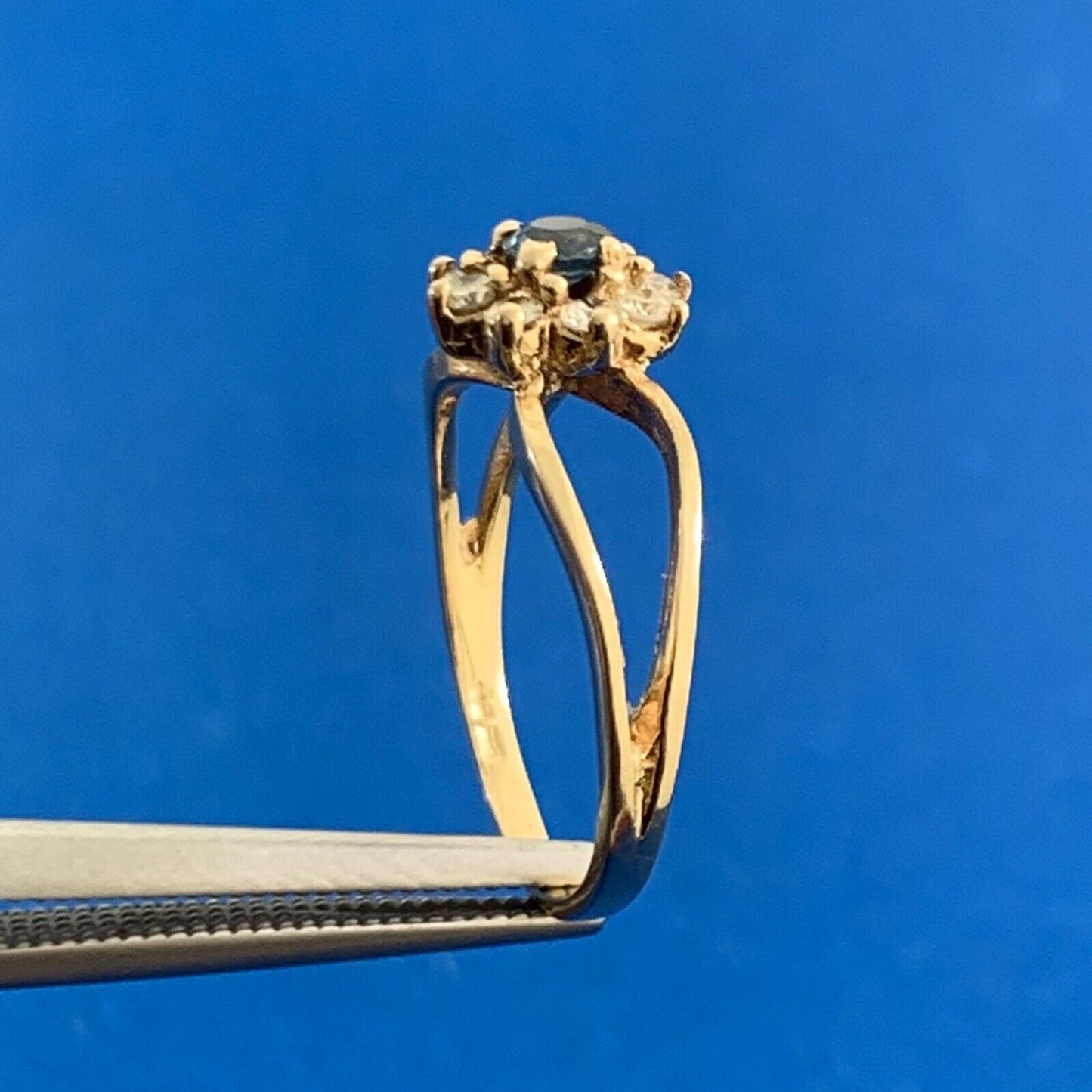 Designer 14K Yellow Gold Round Blue Sapphire Diamond Accent Cocktail Ring