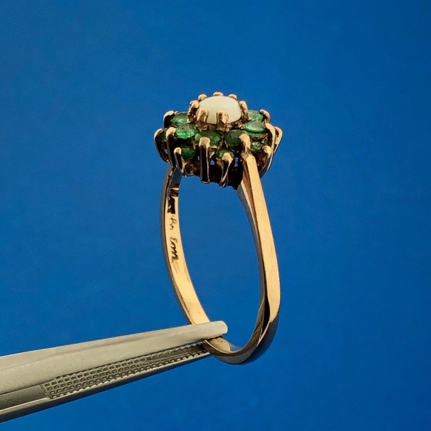 Gorgeous English 14k Yellow Gold Opal Round Emerald Cluster Ring Size 7.25