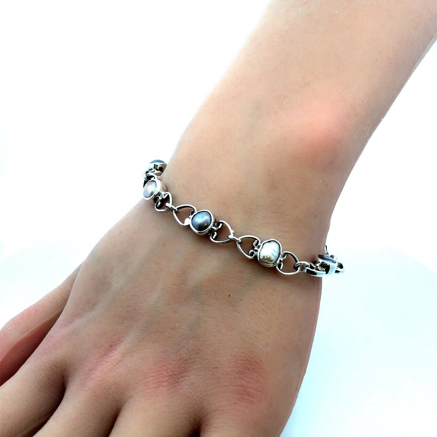 Vintage 925 Sterling Silver Pearl Tahitian Pearl Tennis Bracelet