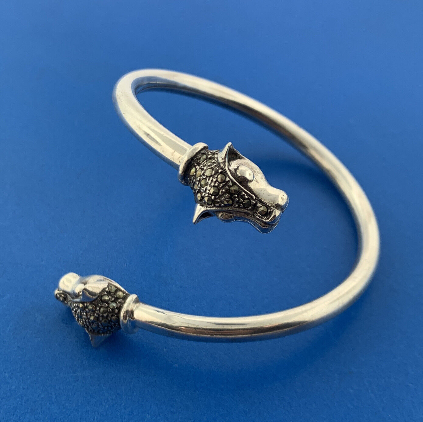 Art Deco Sterling Silver Marcasite Double Devil Dog Head Bypass Cuff Bracelet