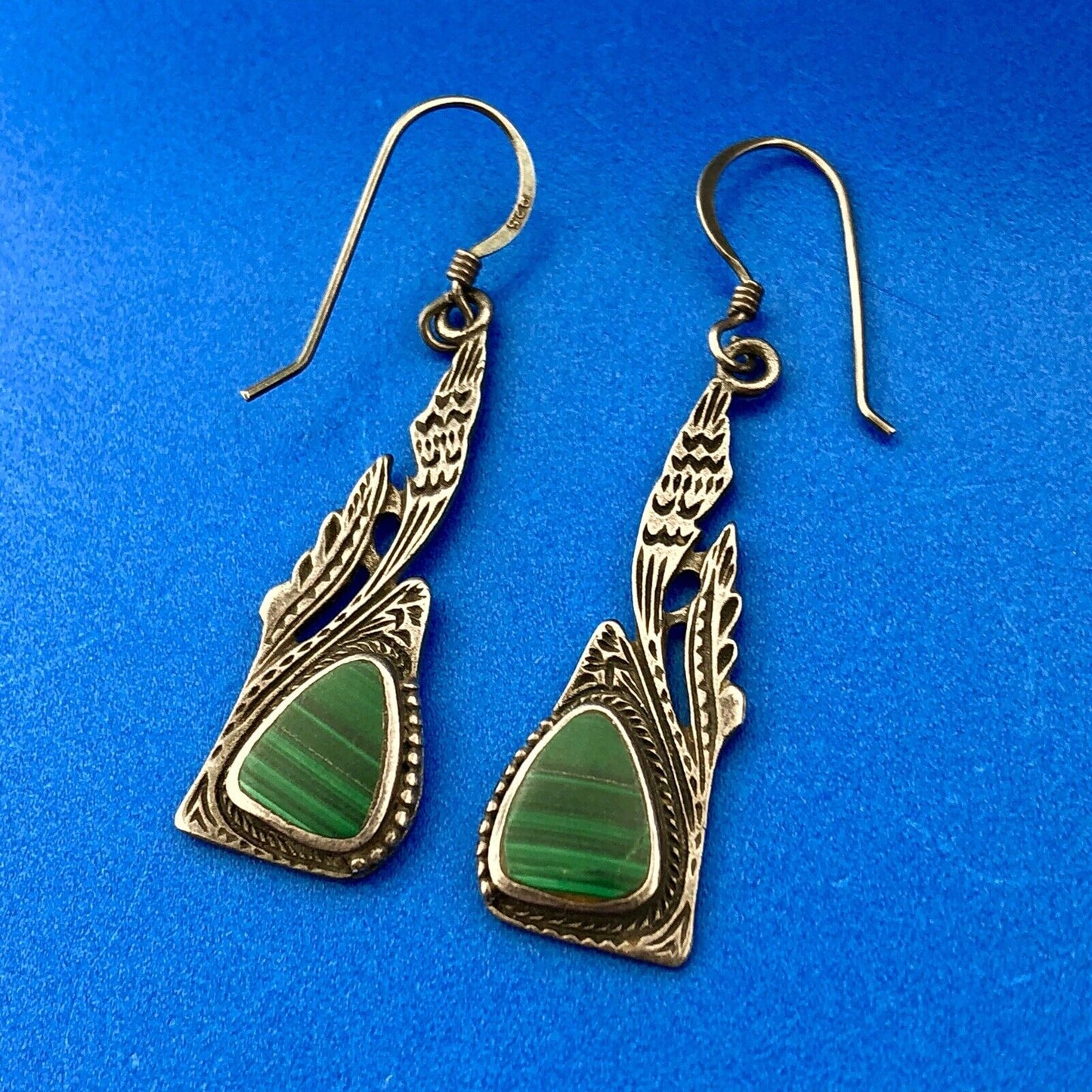 Estate Sterling Silver Malachite Trilliant Feather Wings Motif Dangle Earrings