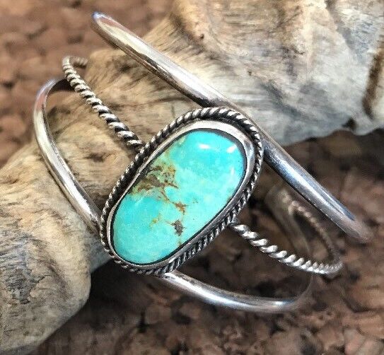 Native American Sterling Silver Oval Green Royston Turquoise Split Cuff Bracelet