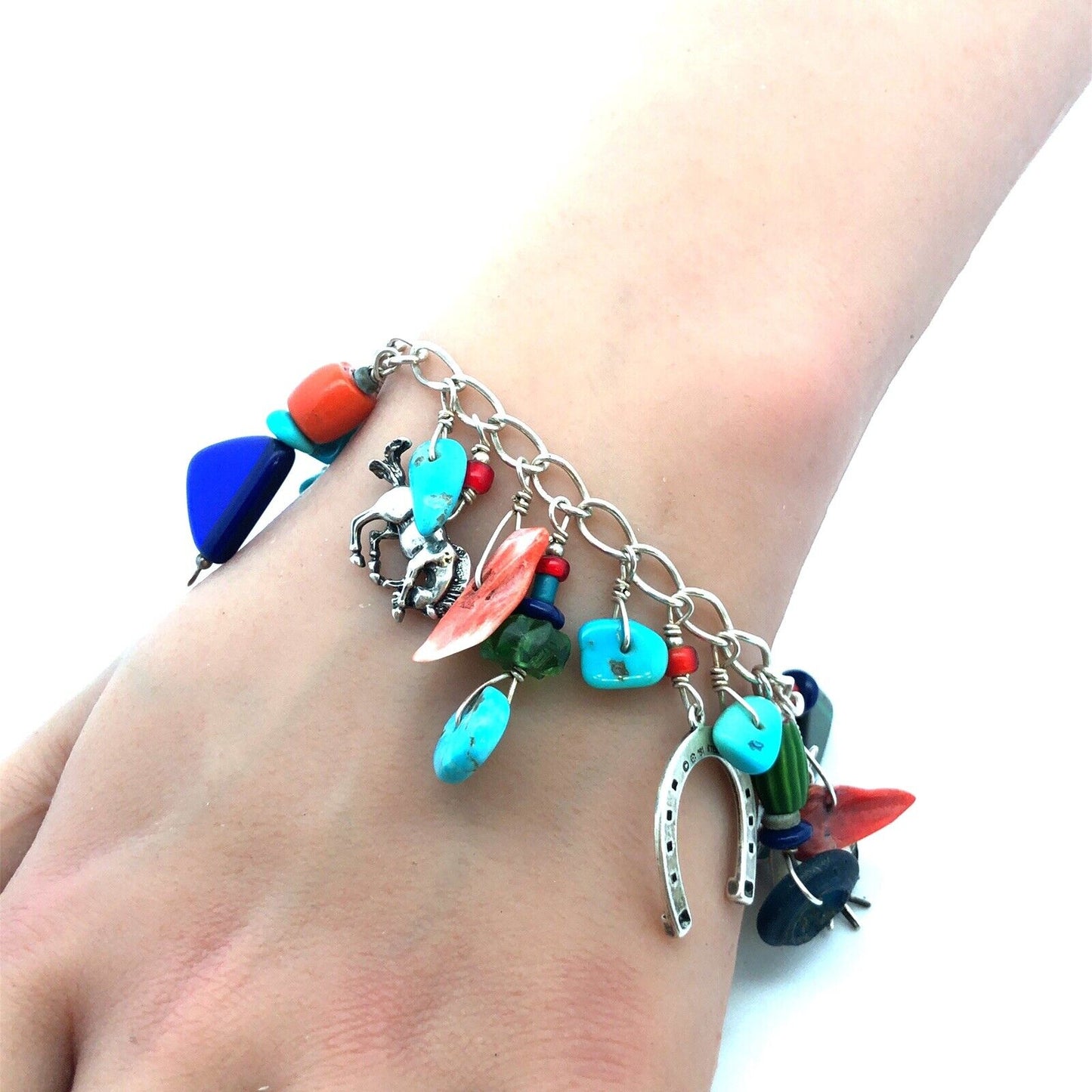 Native American 925 Sterling Silver Multistone Charm Statement Bracelet