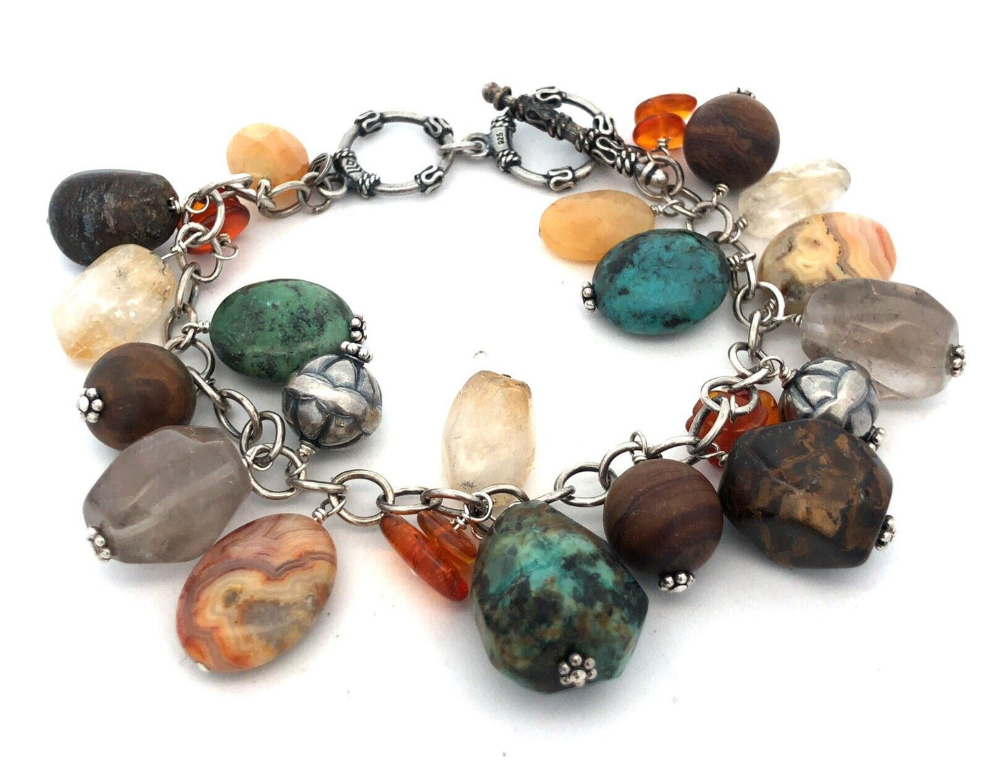 Silpada 925 Sterling Silver Multi-Gemstone Turquoise Agate Charm Chain Bracelet