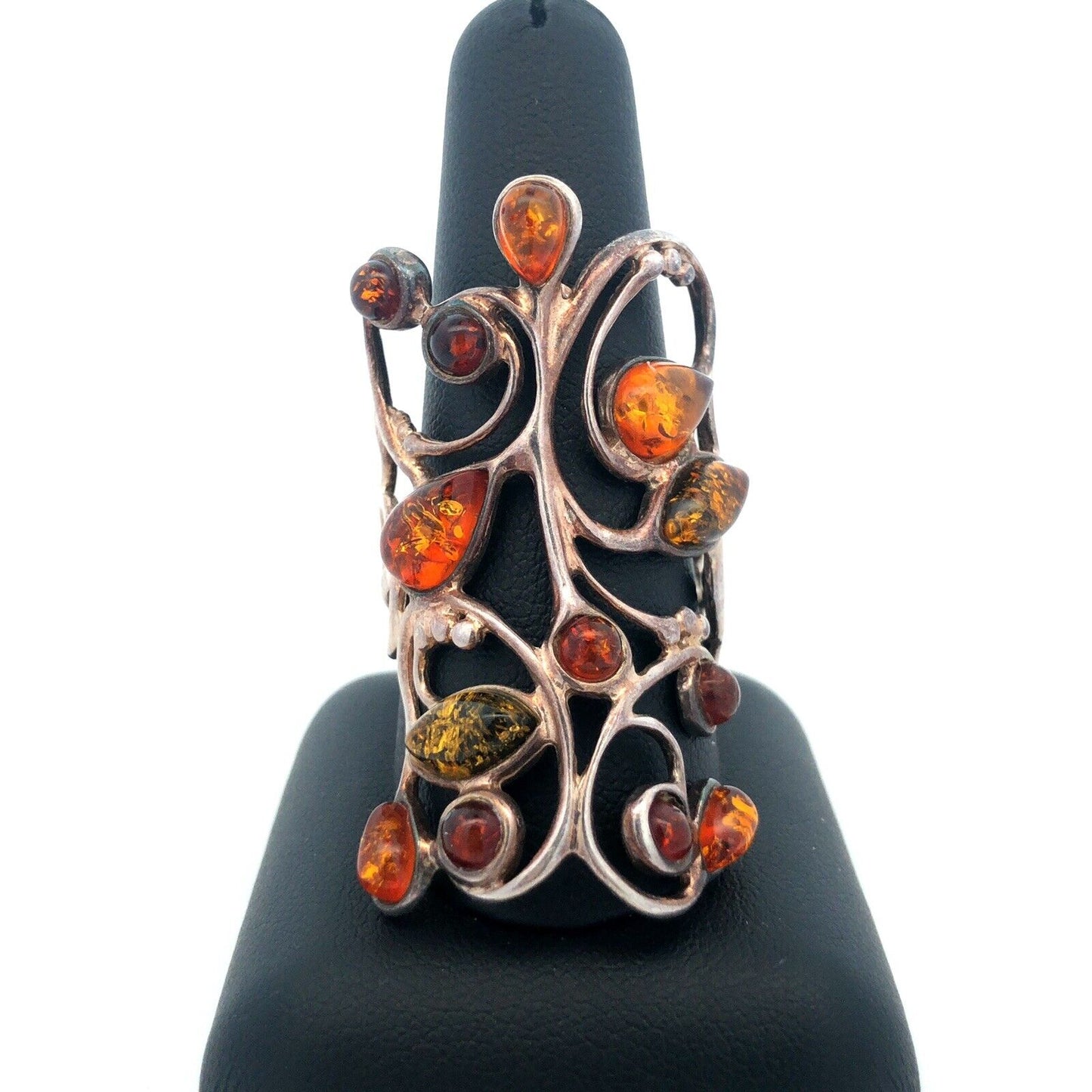 S6205Retro 925 Sterling Silver Mixed Amber Open Work Scroll Statement Finger Rin