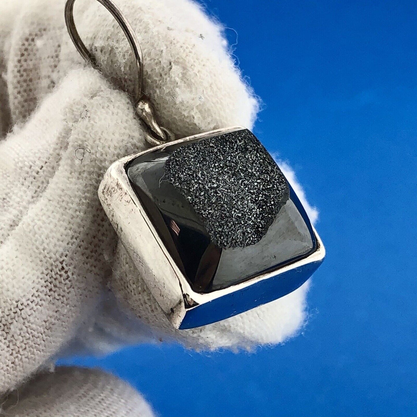 Fifi Rose 925 Sterling Silver Hematite Druzy Statement Square Dangle Earrings