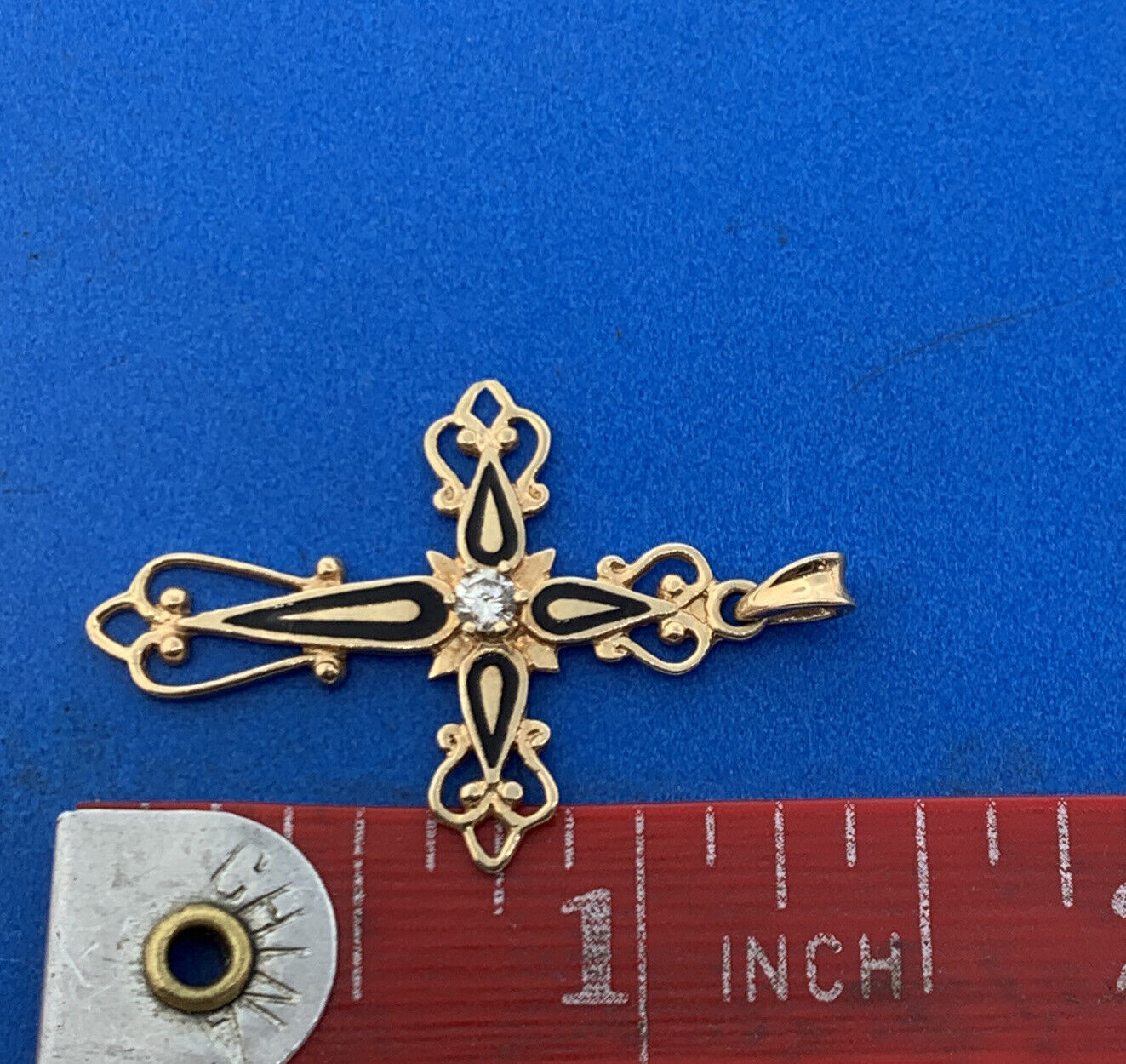 Retro 14K Yellow Gold Diamond Black Enamel Scroll Cross Religious Pendant