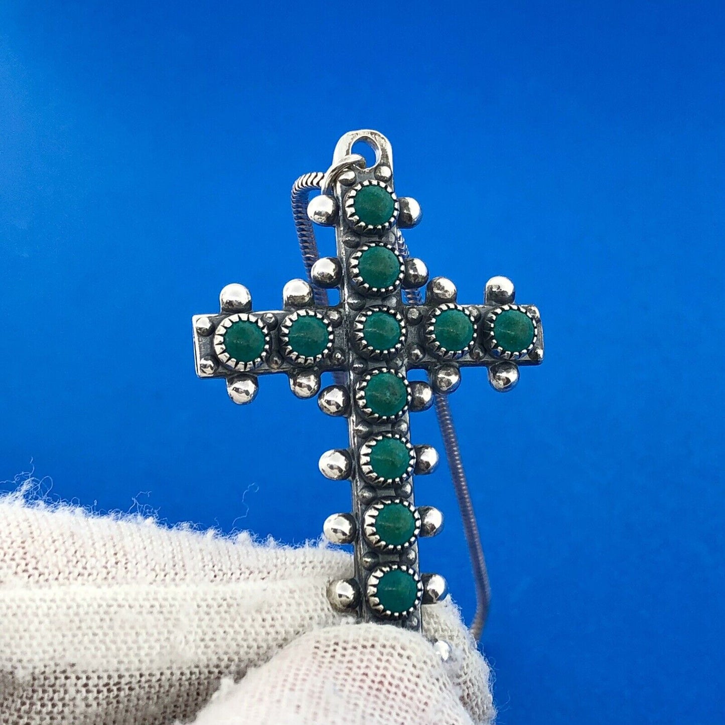 Stunning Sterling Silver 925 Turquoise 18" Chain Religious Faith Cross Necklace