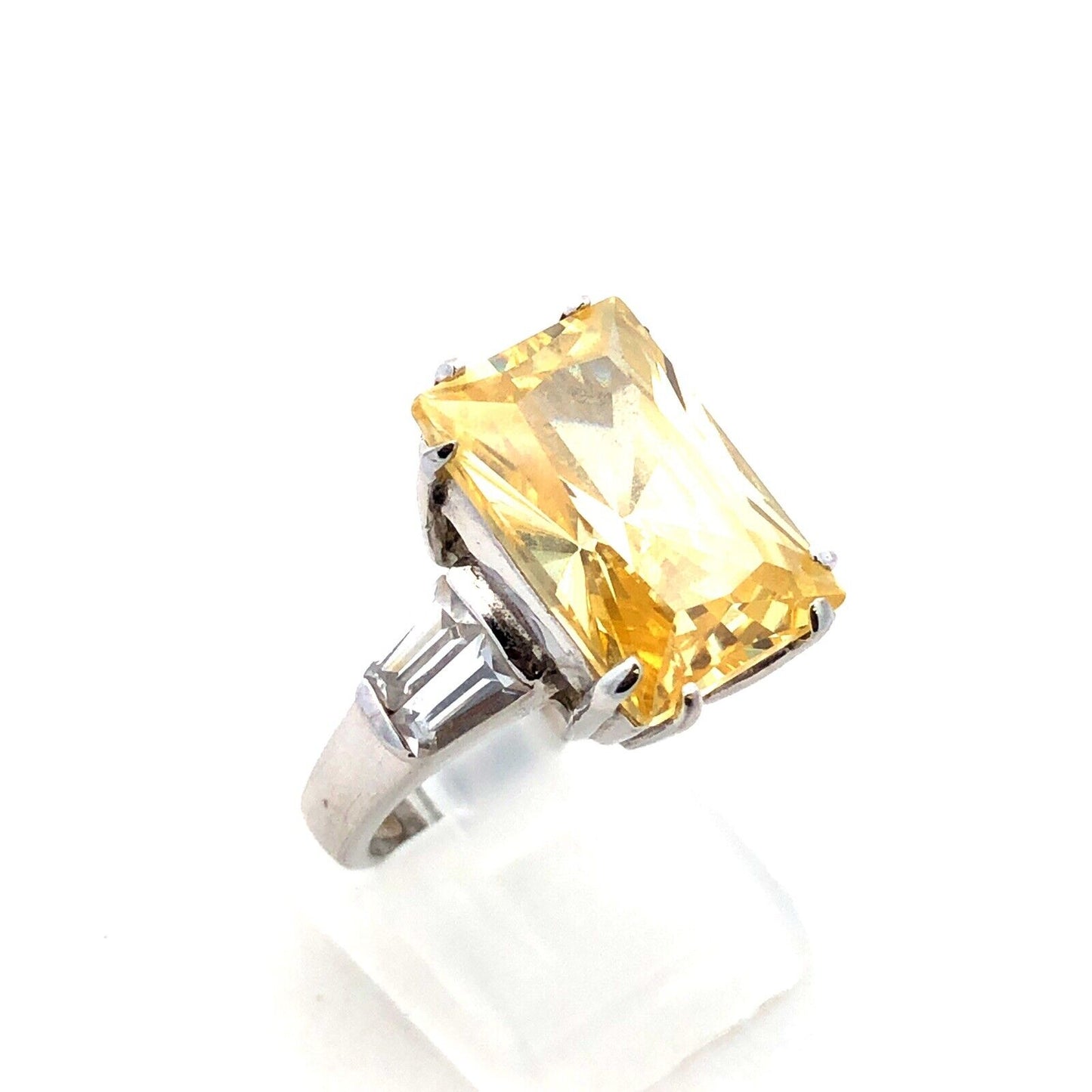 Designer CWE 925 Sterling Silver Radiant Emerald Lemon Quartz CZ Accent Ring