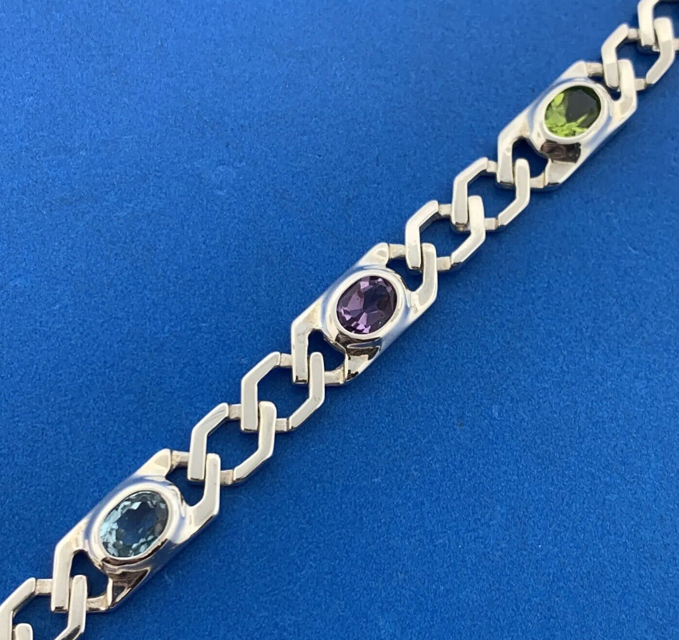Designer 925 Sterling Silver Mixed Oval Gemstones Statement Tennis Bracelet