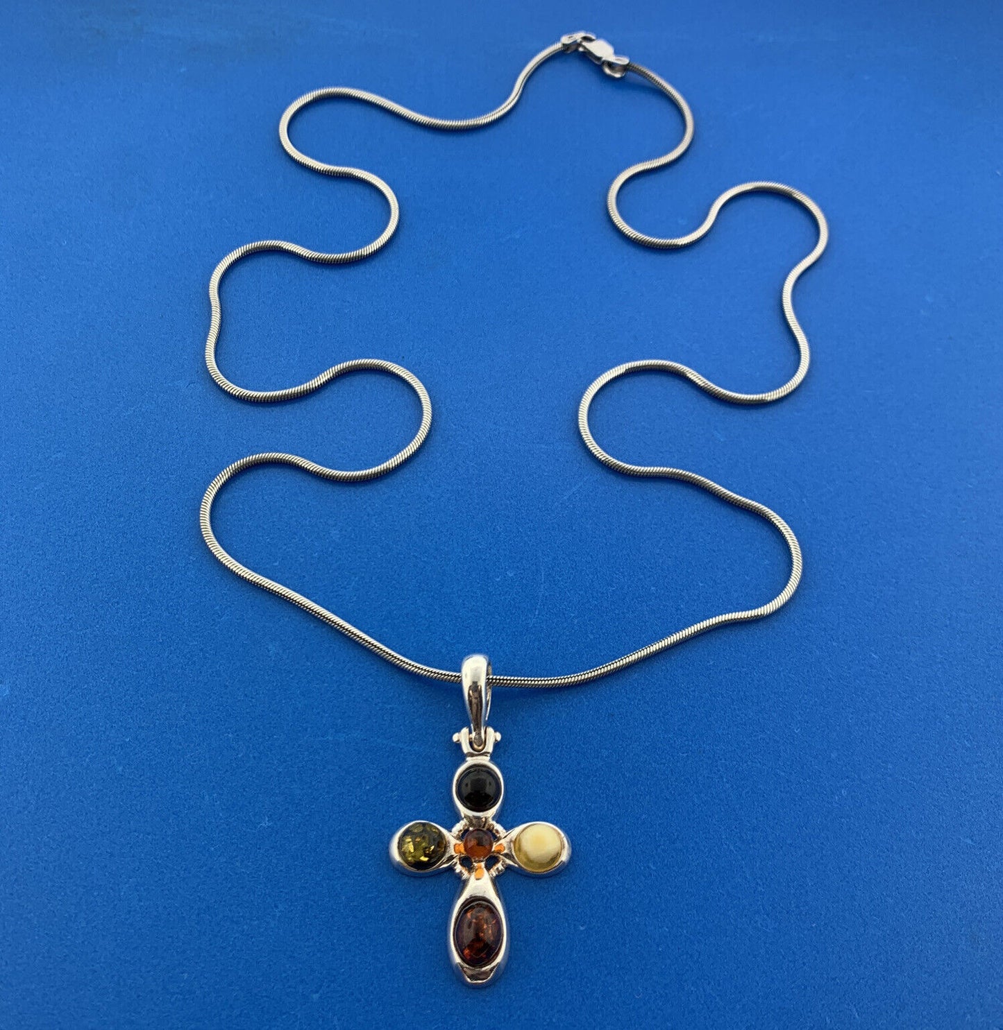 Designer 925 Sterling Silver Amber Modernist Cross Religious Pendant Necklace