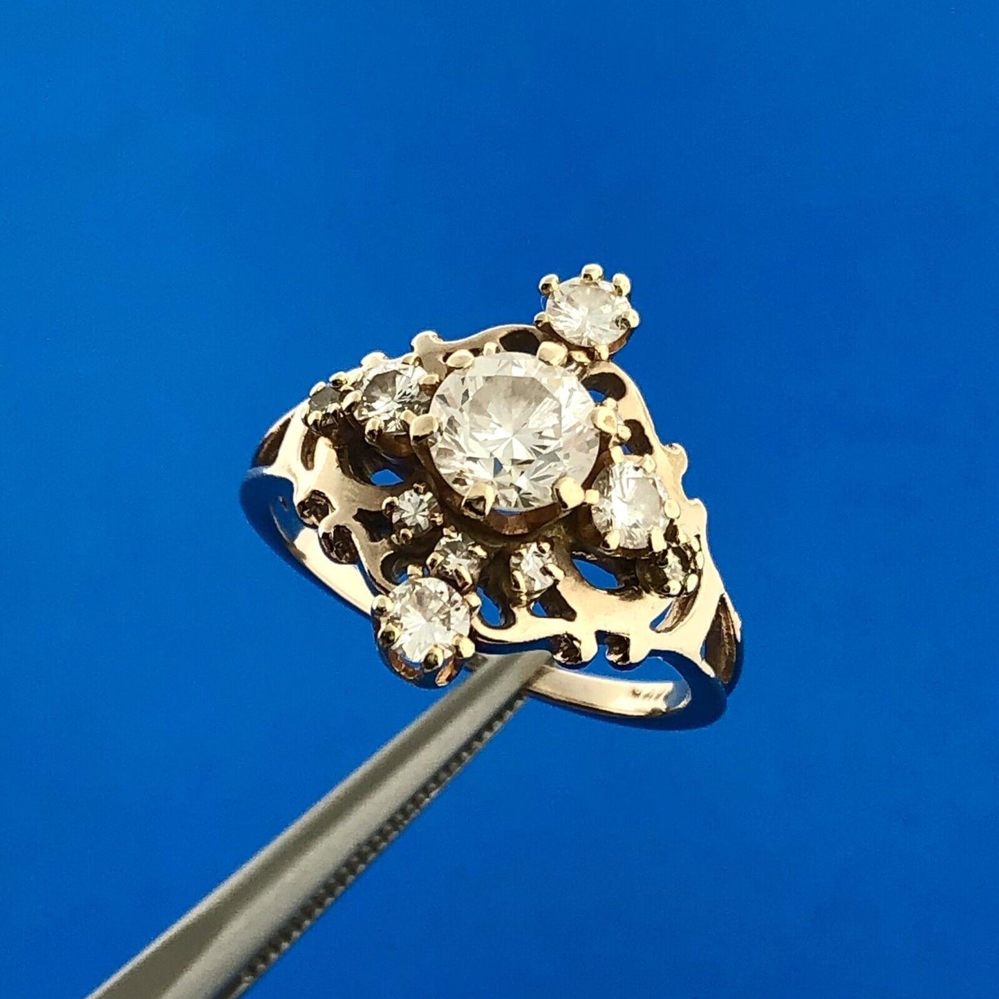 Vintage 14K Yellow Gold Diamond Solitaire Accented Etruscan Style Ring