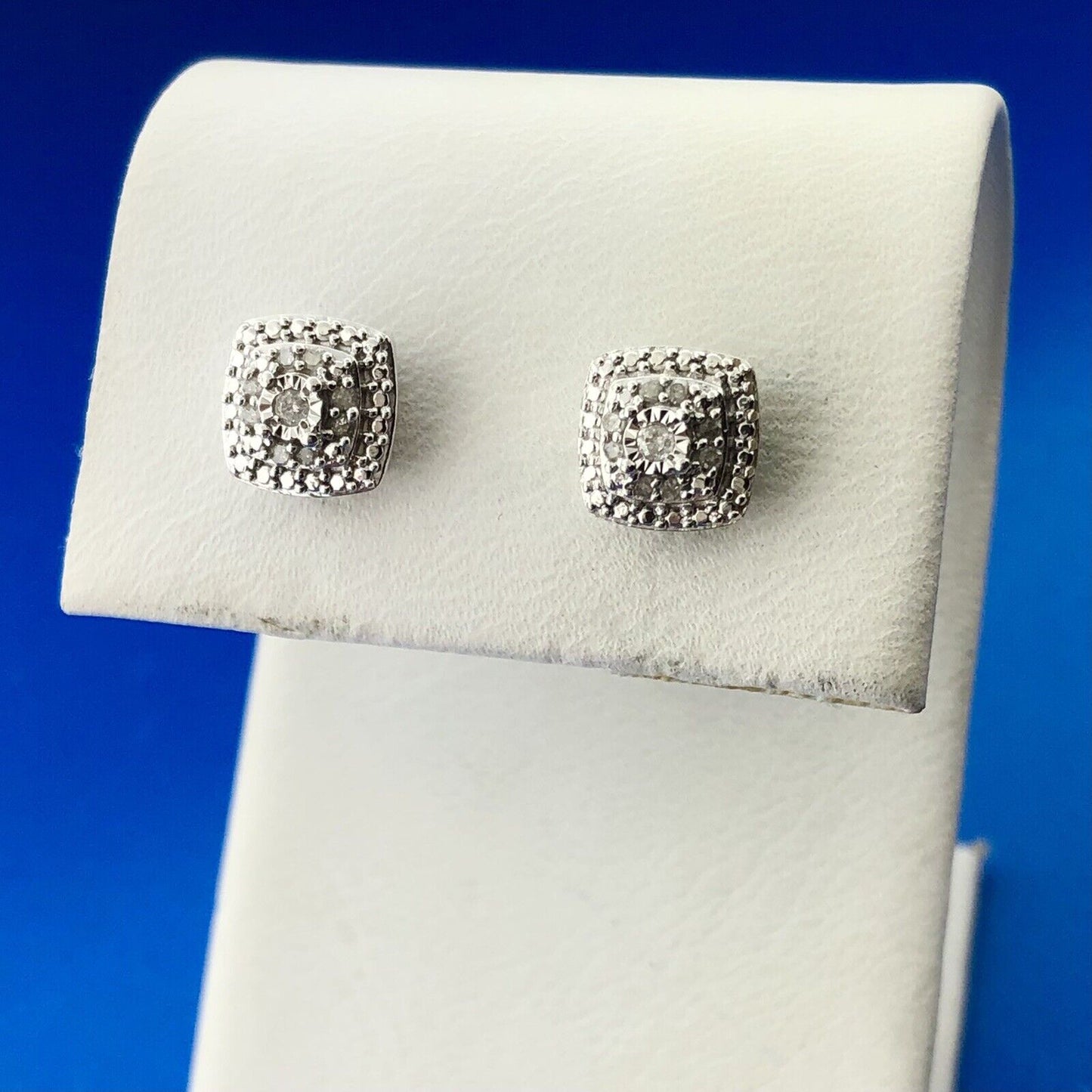 Estate 925 Sterling Silver Diamond Cluster Tiered Square Stud Earrings