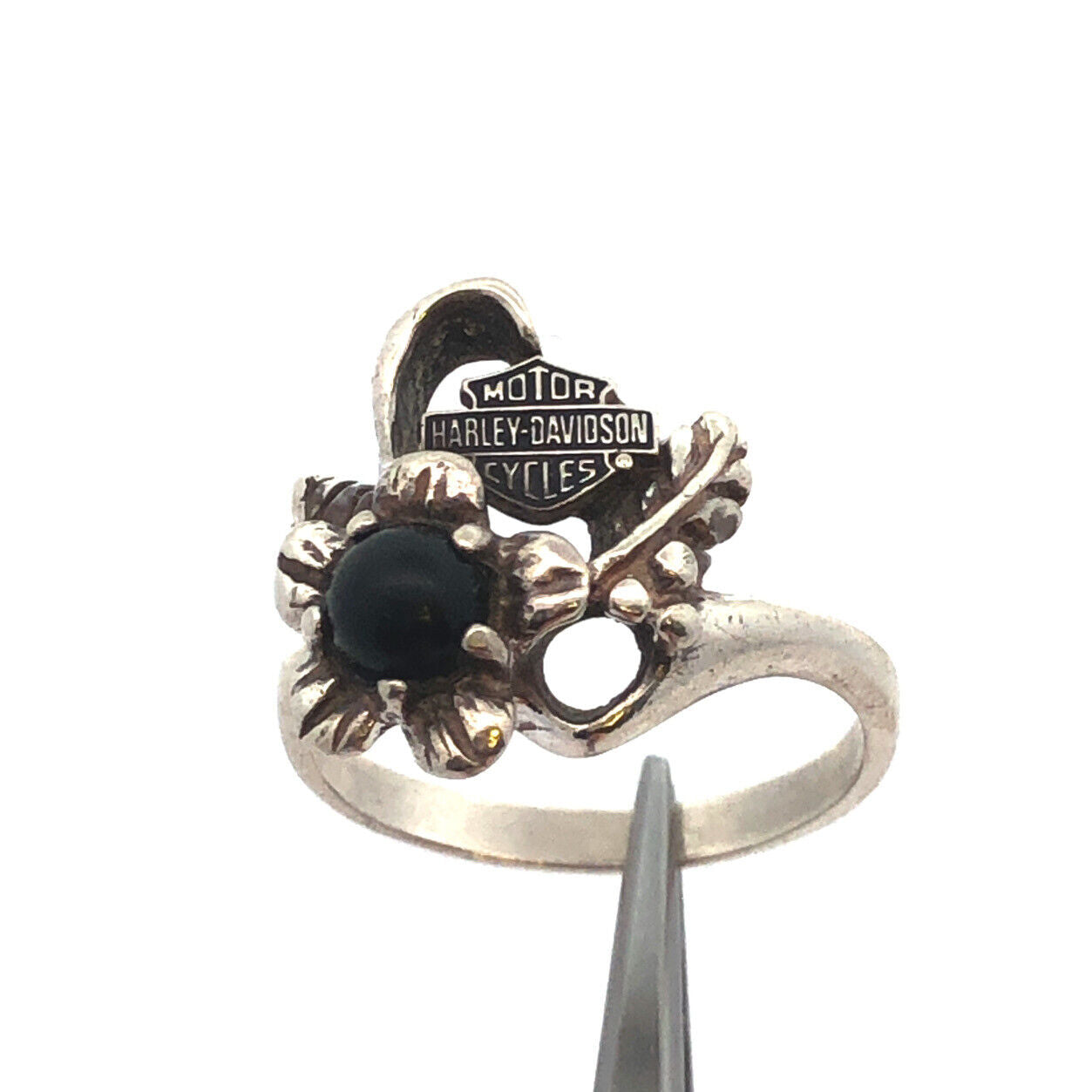 Vintage Harley Davidson 925 Sterling Silver Black Onyx Cabochon Floral Ring