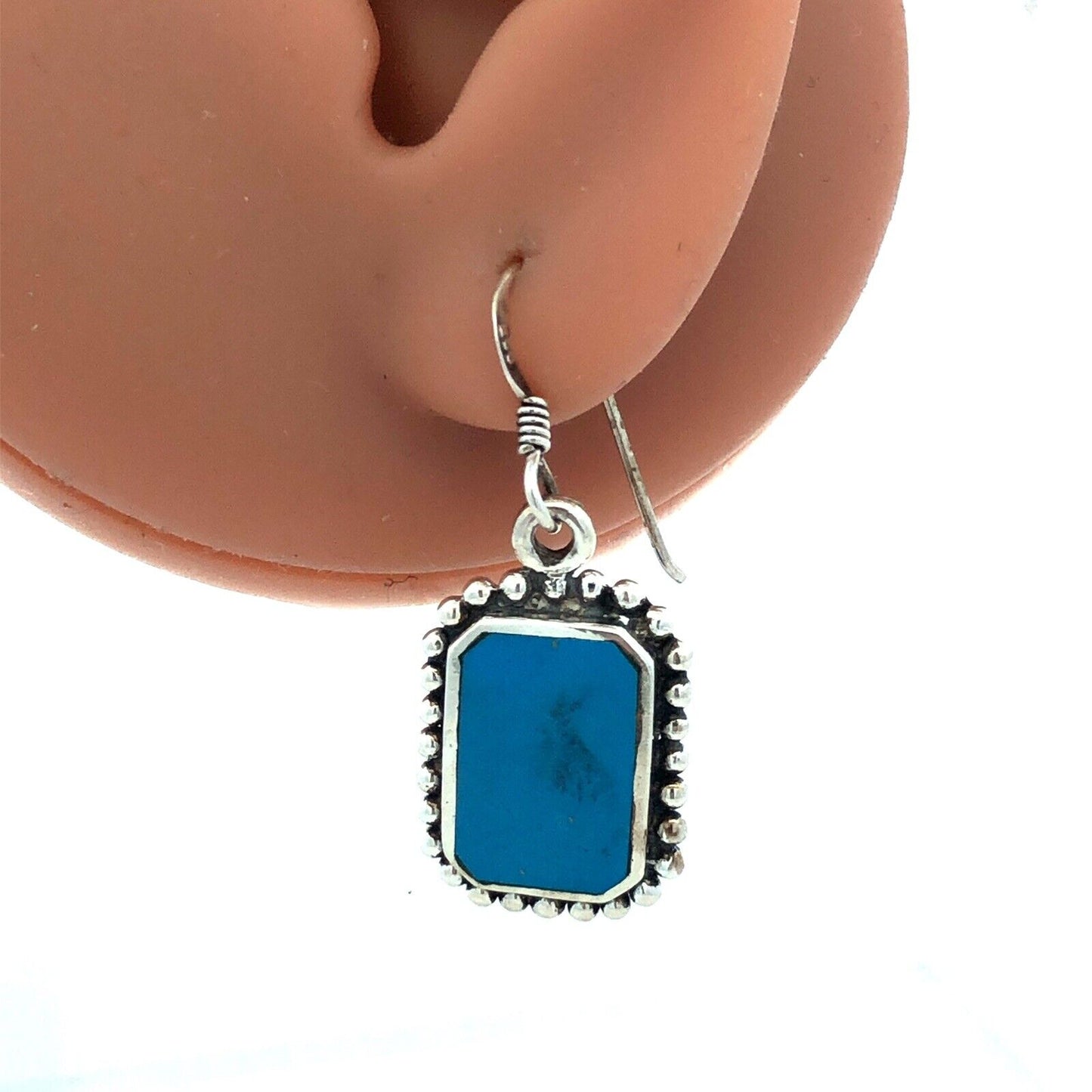 925 Sterling Silver Vintage Rectangle Turquoise Dangle Hook Earrings