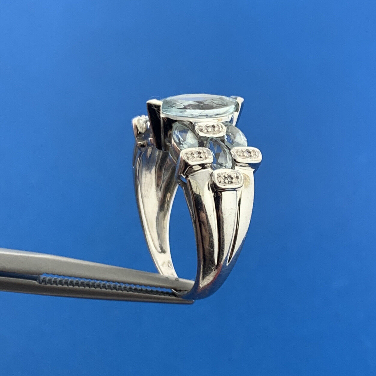 Designer 10K White Gold Aquamarine Diamond Accent March Anniversary Ring