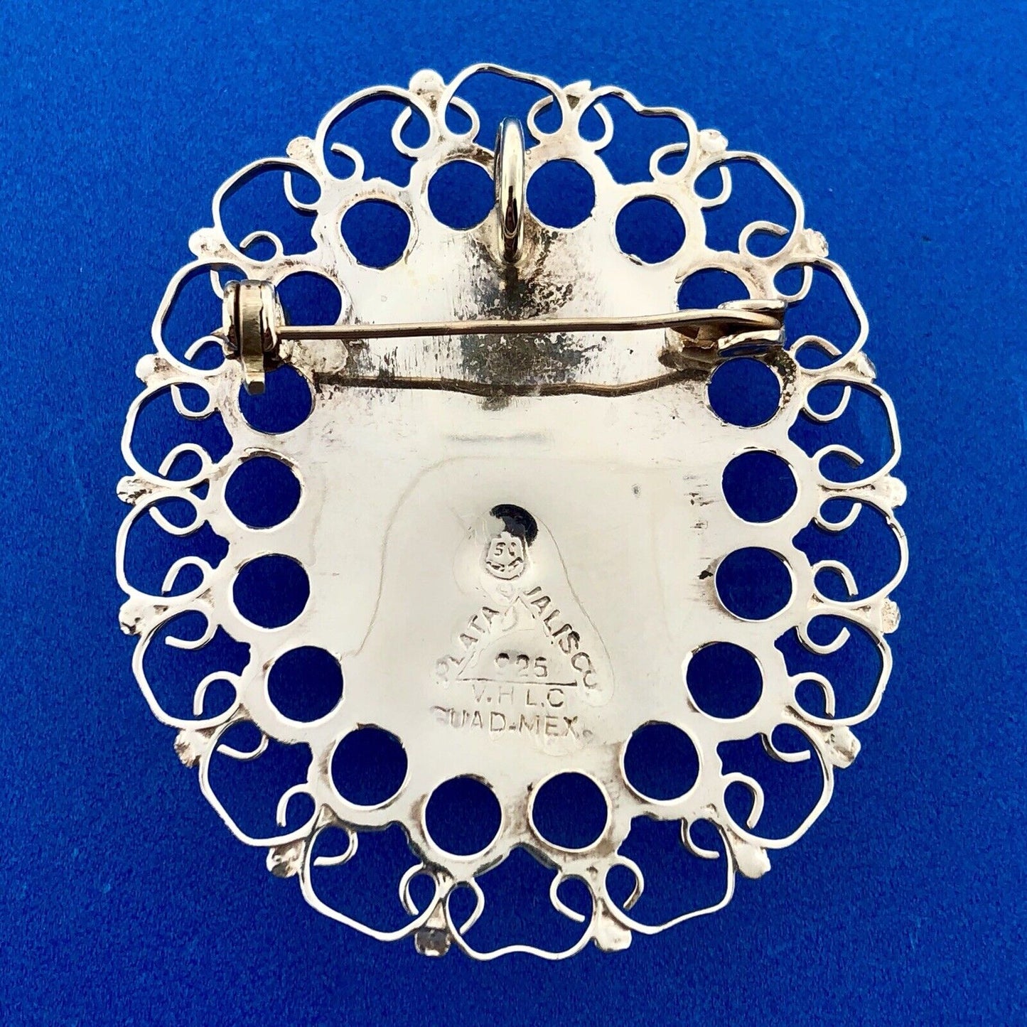 Plata De Jalisco Mexico Sterling Silver Black Intaglio Glass Pin Brooch Pendant