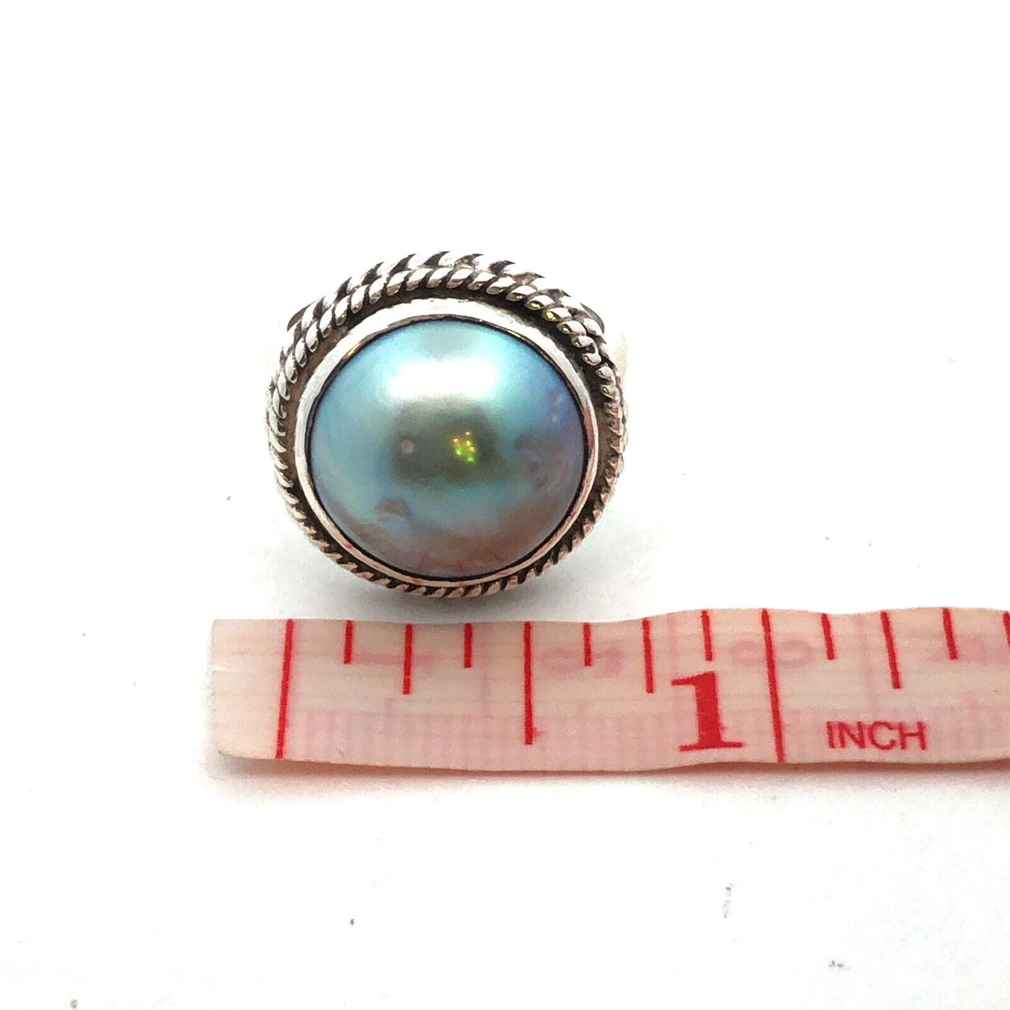 Vintage 925 Sterling Silver Round Akoya Pearl Bezel Solitaire Dome Ring