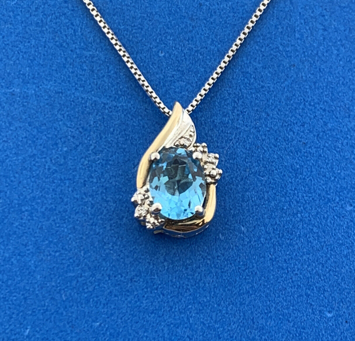 Designer Sterling Silver 10K Yellow Gold Blue Topaz Solitaire Diamond Necklace