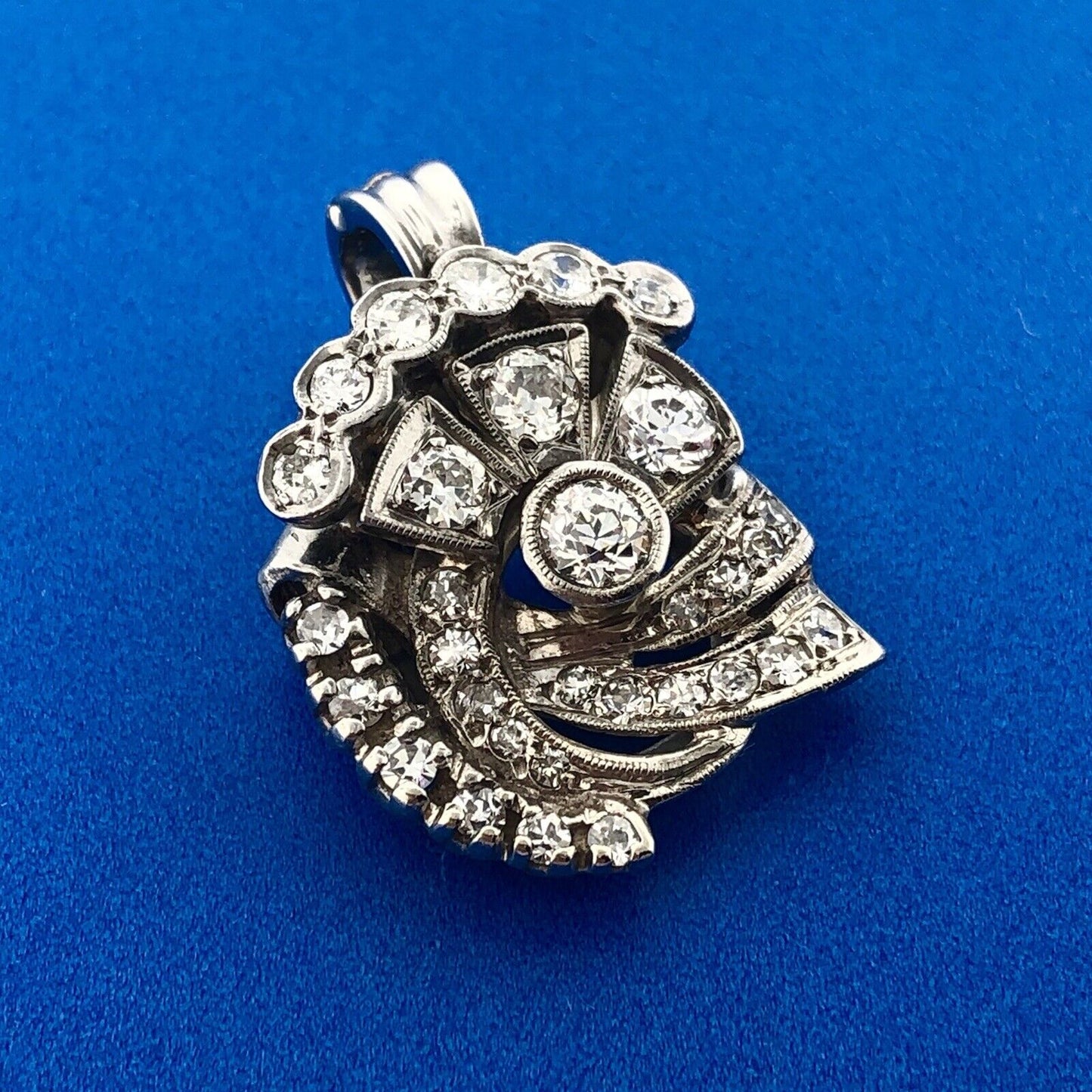 Vintage Art Deco 14K White Gold Diamond Flower Cluster Enhancer Pendant Stunning