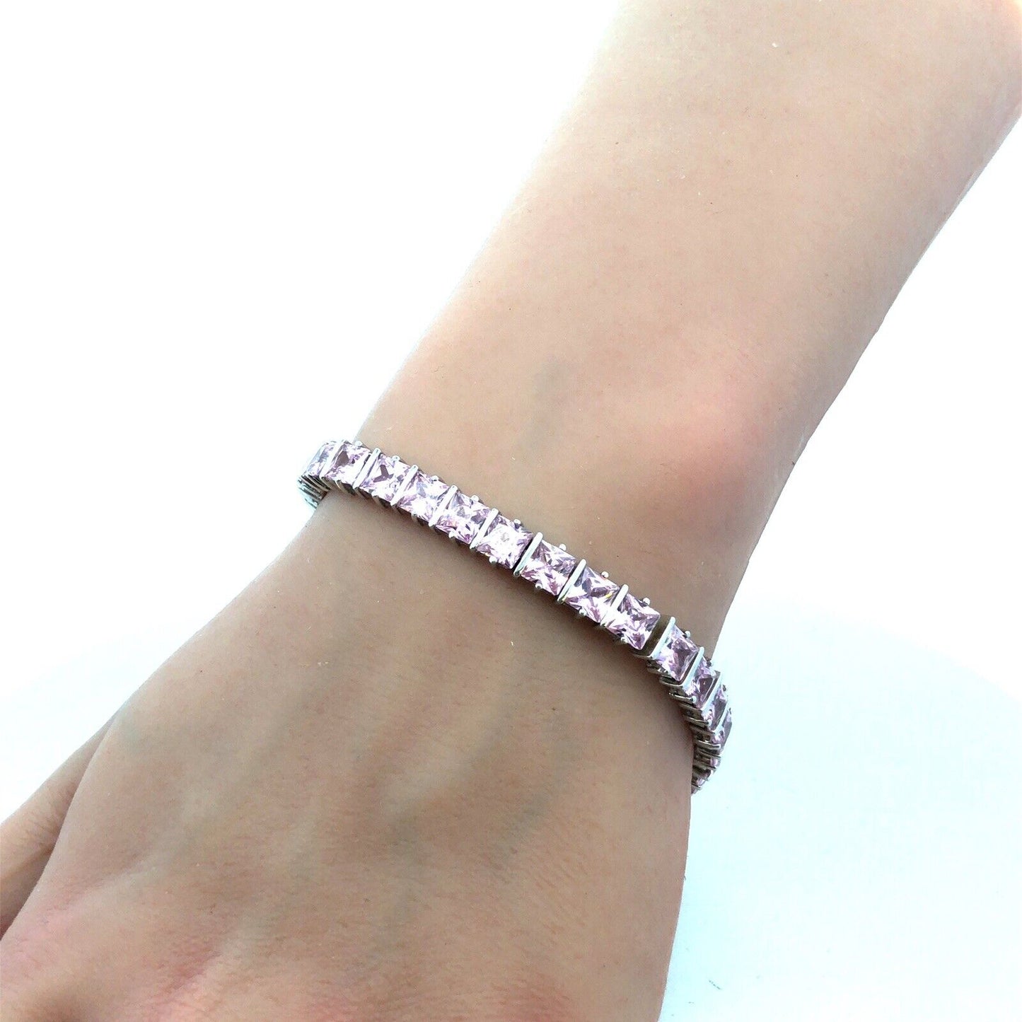 Designer DBJ 925 Sterling Silver Princess Cut Pink Cubic Zircona Tennis Bracelet