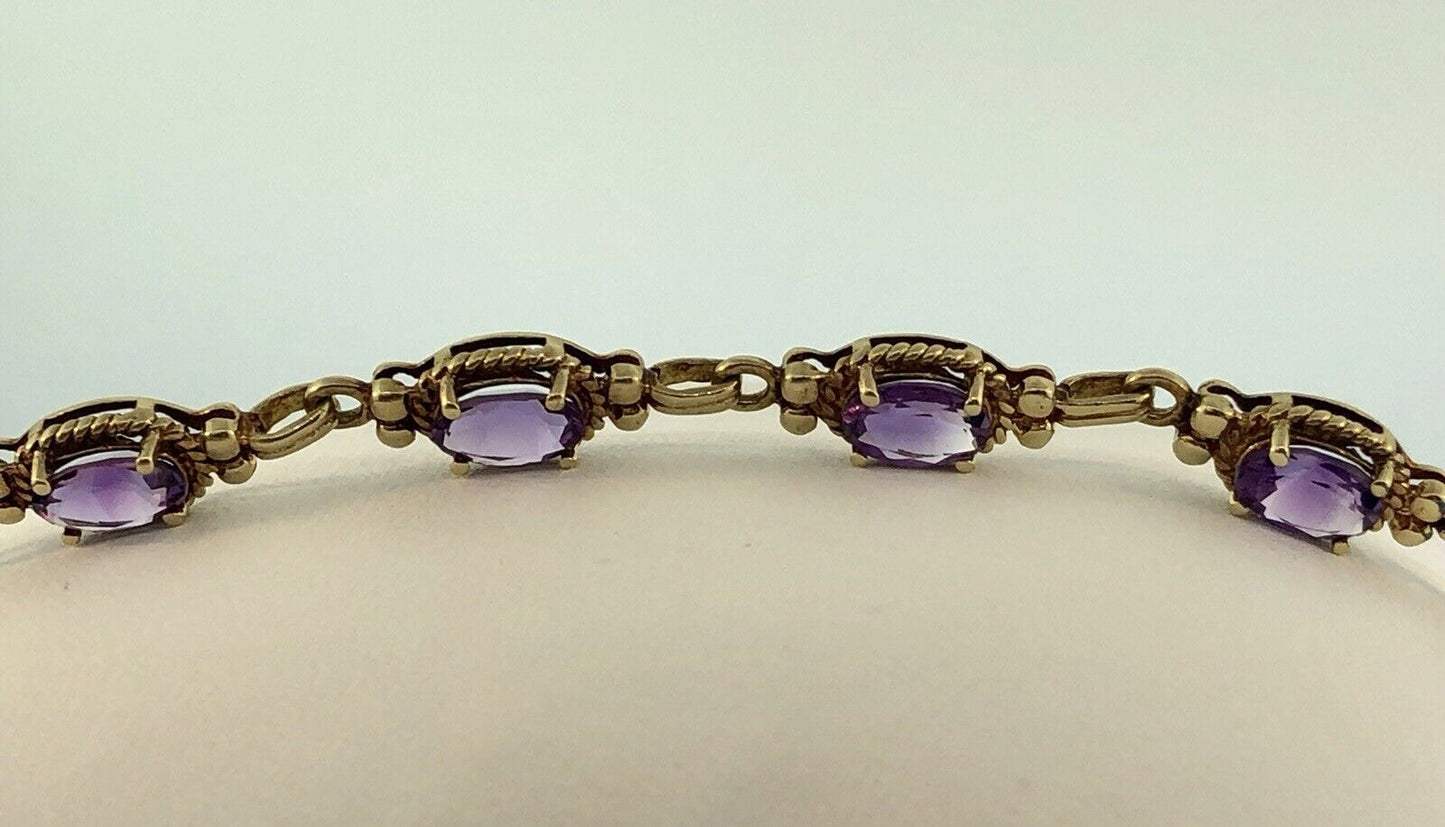Vintage 10K Yellow Gold Oval Amethyst Panel February Anniversary Tennis Bracelet