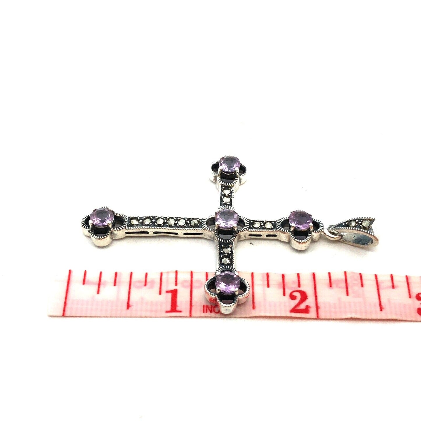 Vintage 925 Sterling Silver Round Amethyst Marcasite Statement Cross Pendant