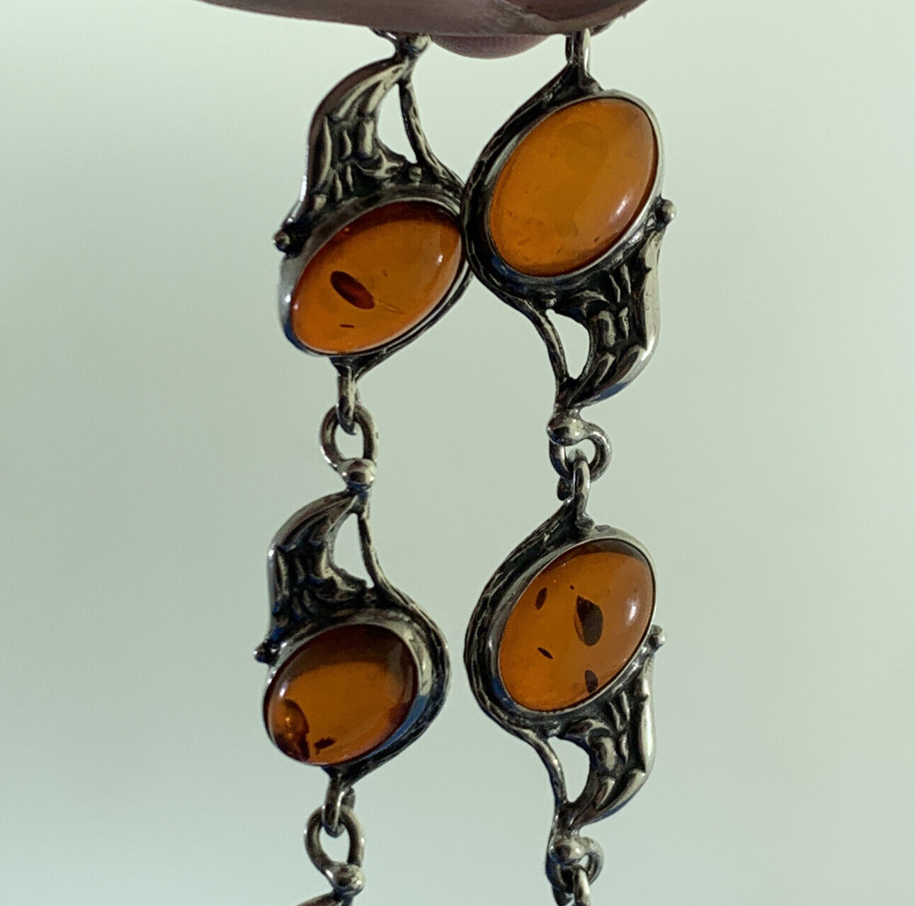 Vintage 925 Sterling Silver Oval Amber Cabochon Station Tennis Bracelet