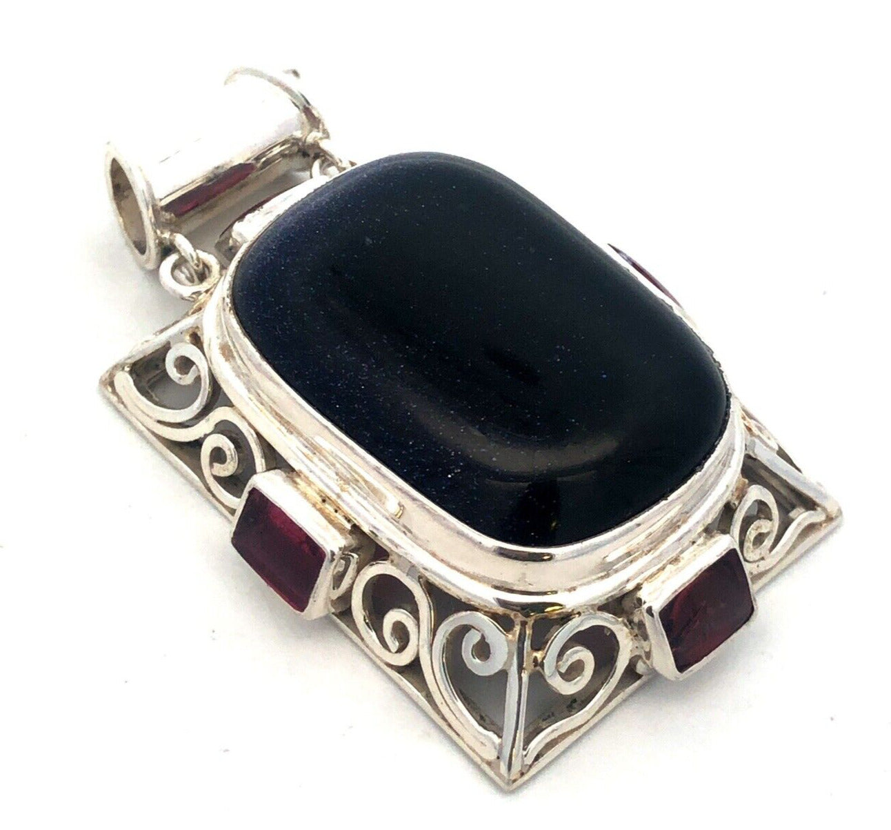 Estate 925 Sterling Silver Rectangle Blue Sandstone Amethyst Statement Pendant
