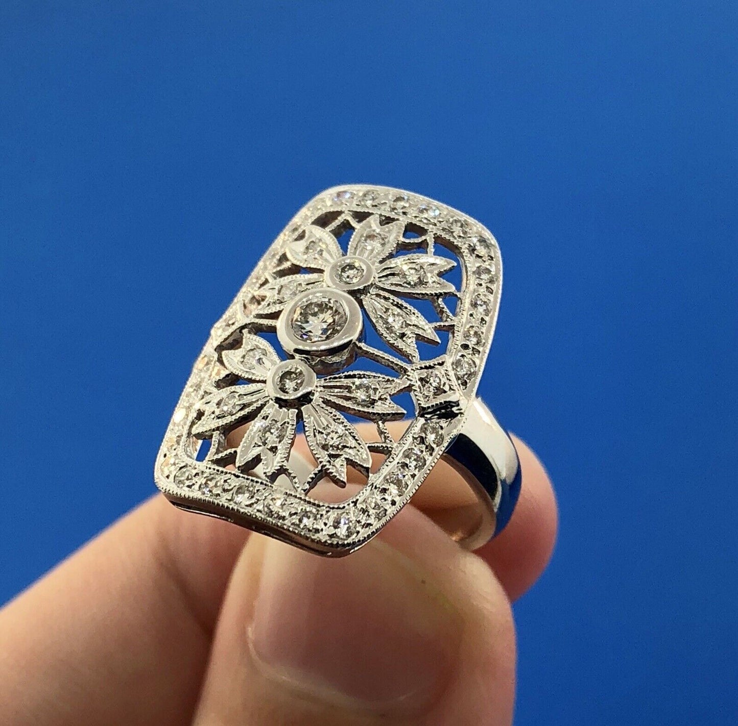 Vintage 18K White Gold Diamond Floral Filigree Statement Finger Ring