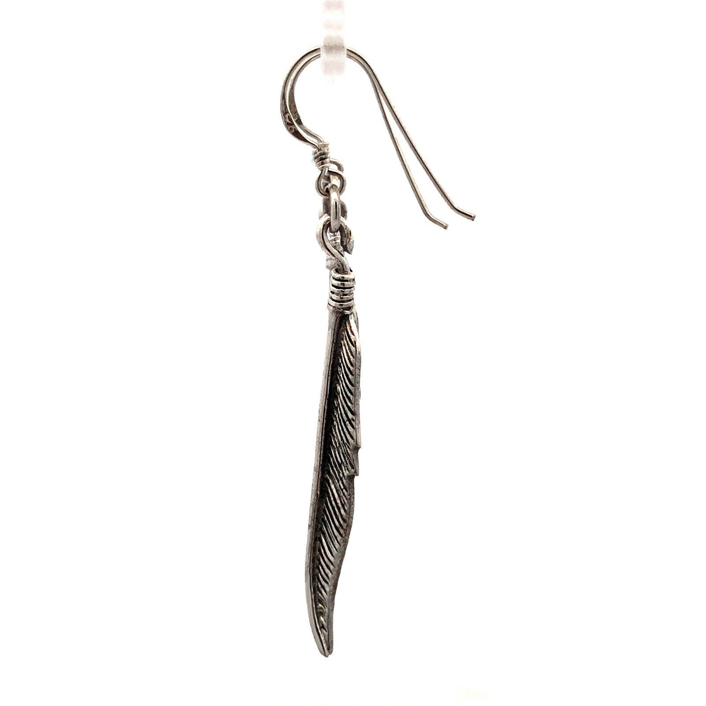 Vintage 925 Sterling Silver Feather Textured Drop Dangle Hook Earrings
