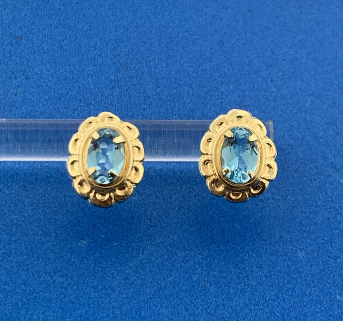 14K Yellow Gold Oval Blue Topaz December Floral Statement Stud Earrings