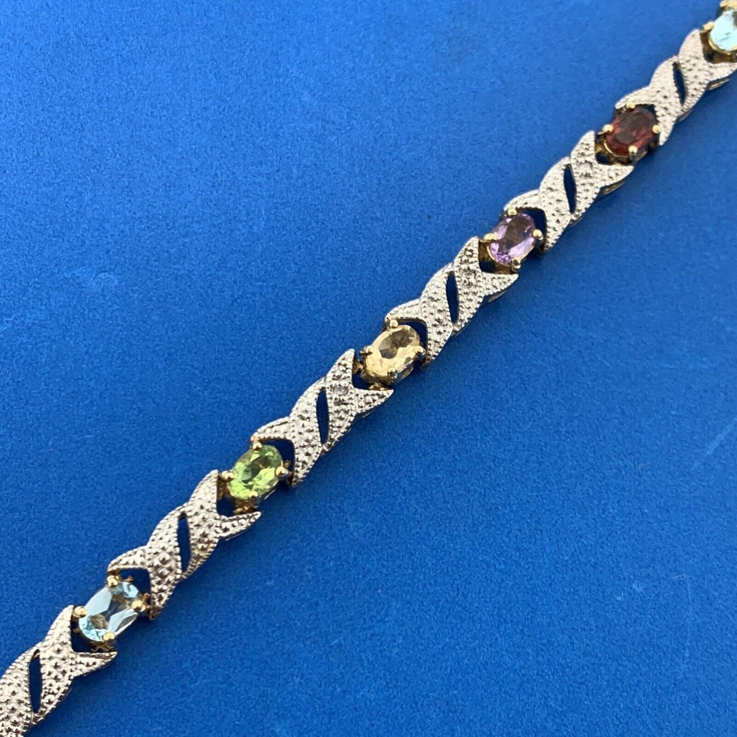 FAS 925 Sterling Silver Vermeil Diamond Oval Multi Gemstone X O Tennis Bracelet
