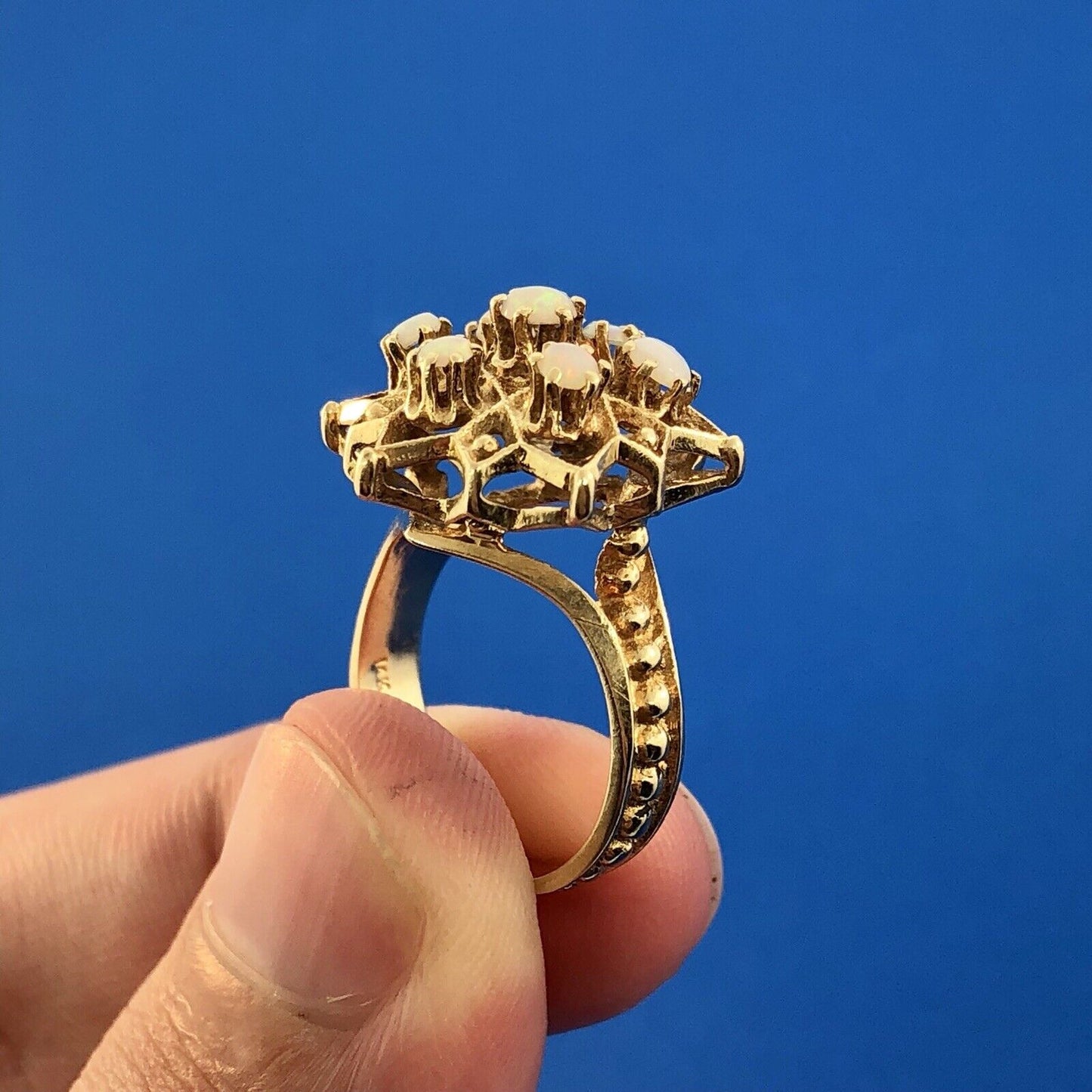 Art Nouveau 14K Yellow Gold Opal Star Flower Cluster October Etruscan Style Ring