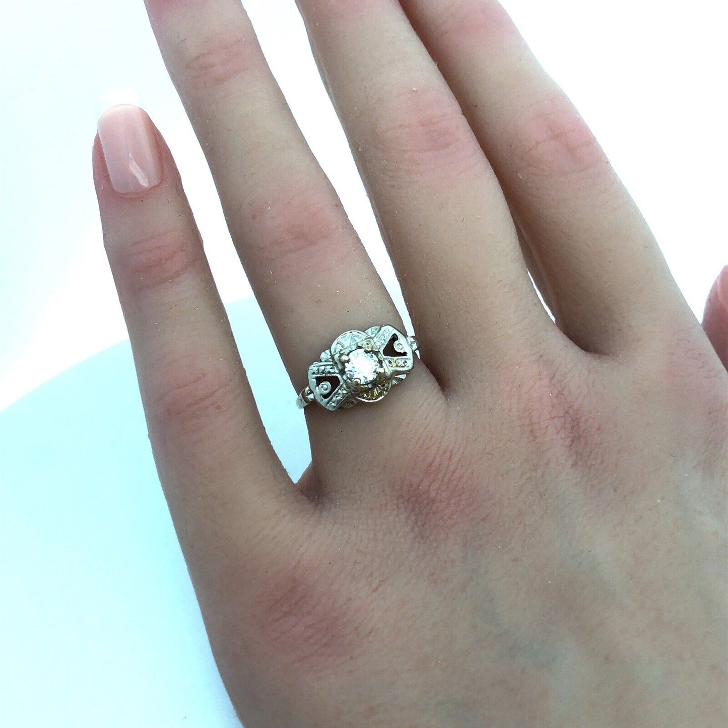 Art Deco 14K White Gold Diamond European Mine Cut Engagement Bridal Ring