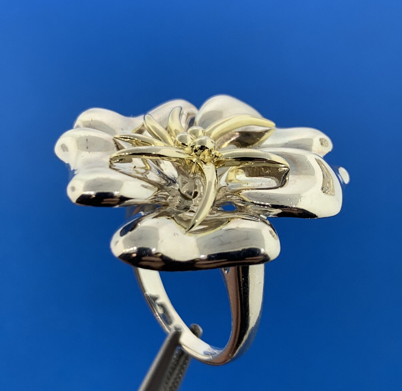 Designer China Sterling Silver 10K Gold Accent Flower Hibiscus Plumeria Ring