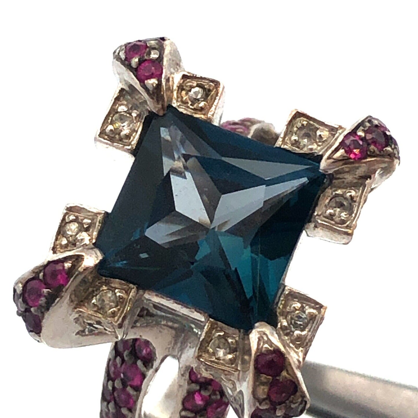 Sterling Silver London Blue Topaz Ruby Diamond Statement Cocktail Ring