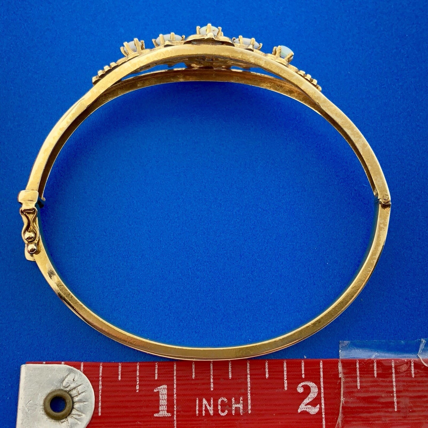 Art Deco 14K Yellow Gold Ornate Opal Scroll Decorative Scroll Bangle Bracelet