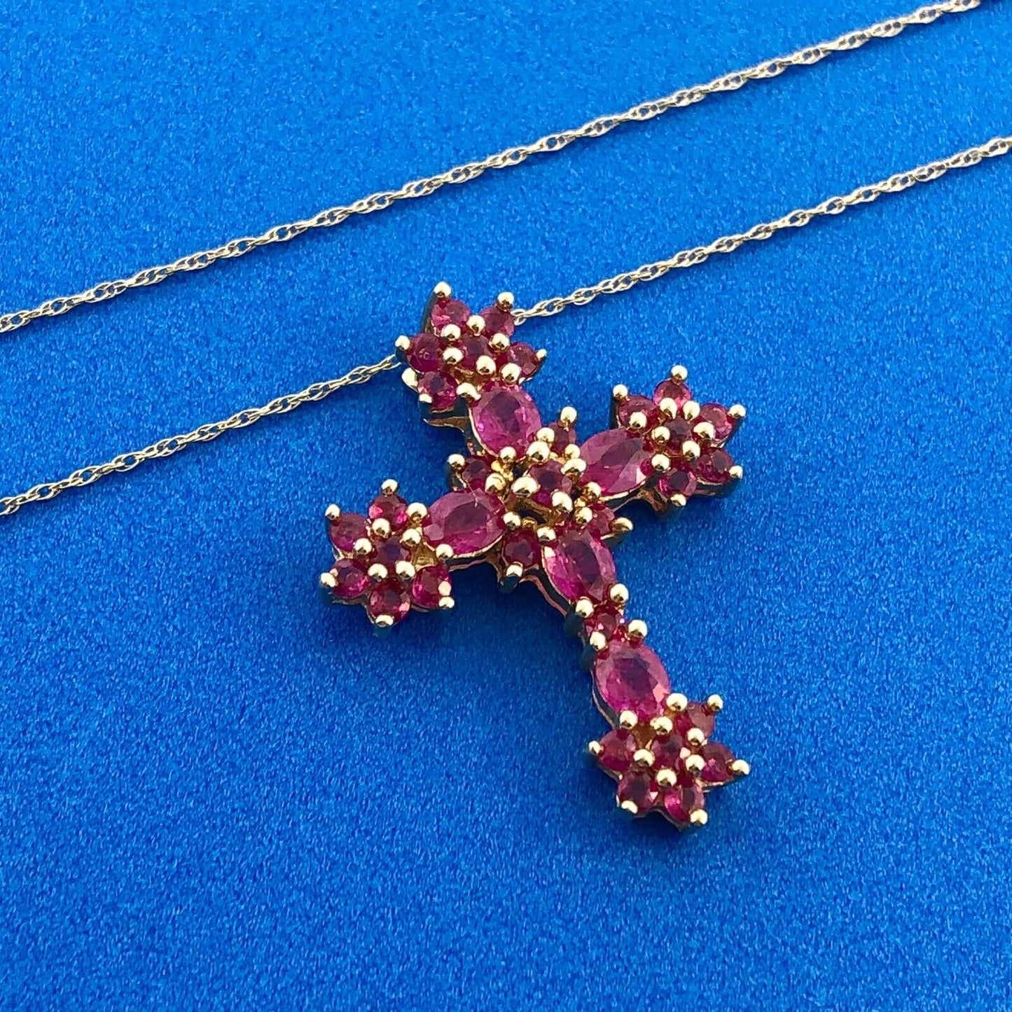 Designer 14k Yellow Gold Round Oval Cut Ruby Religious Cross Communion Necklace