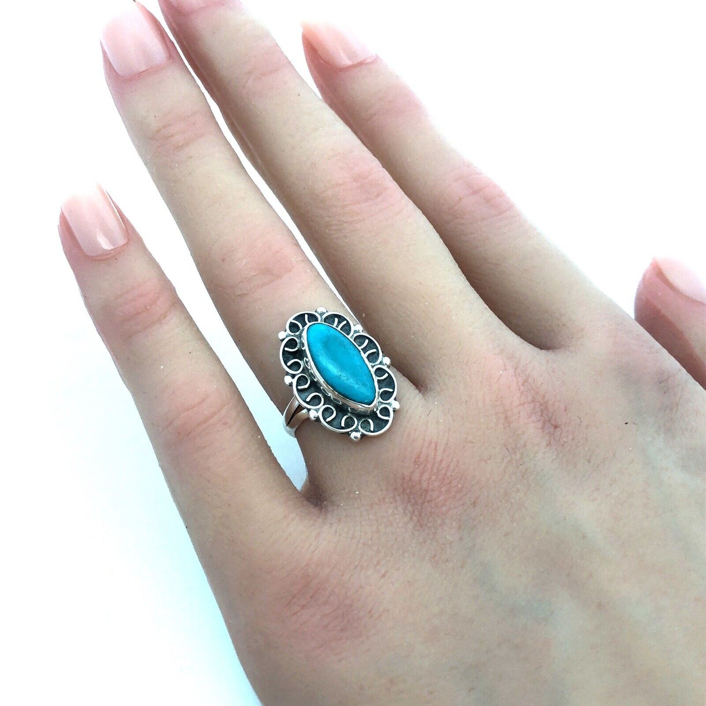 Vintage Native American 925 Sterling Silver Oval Turquoise Old Pawn Ring