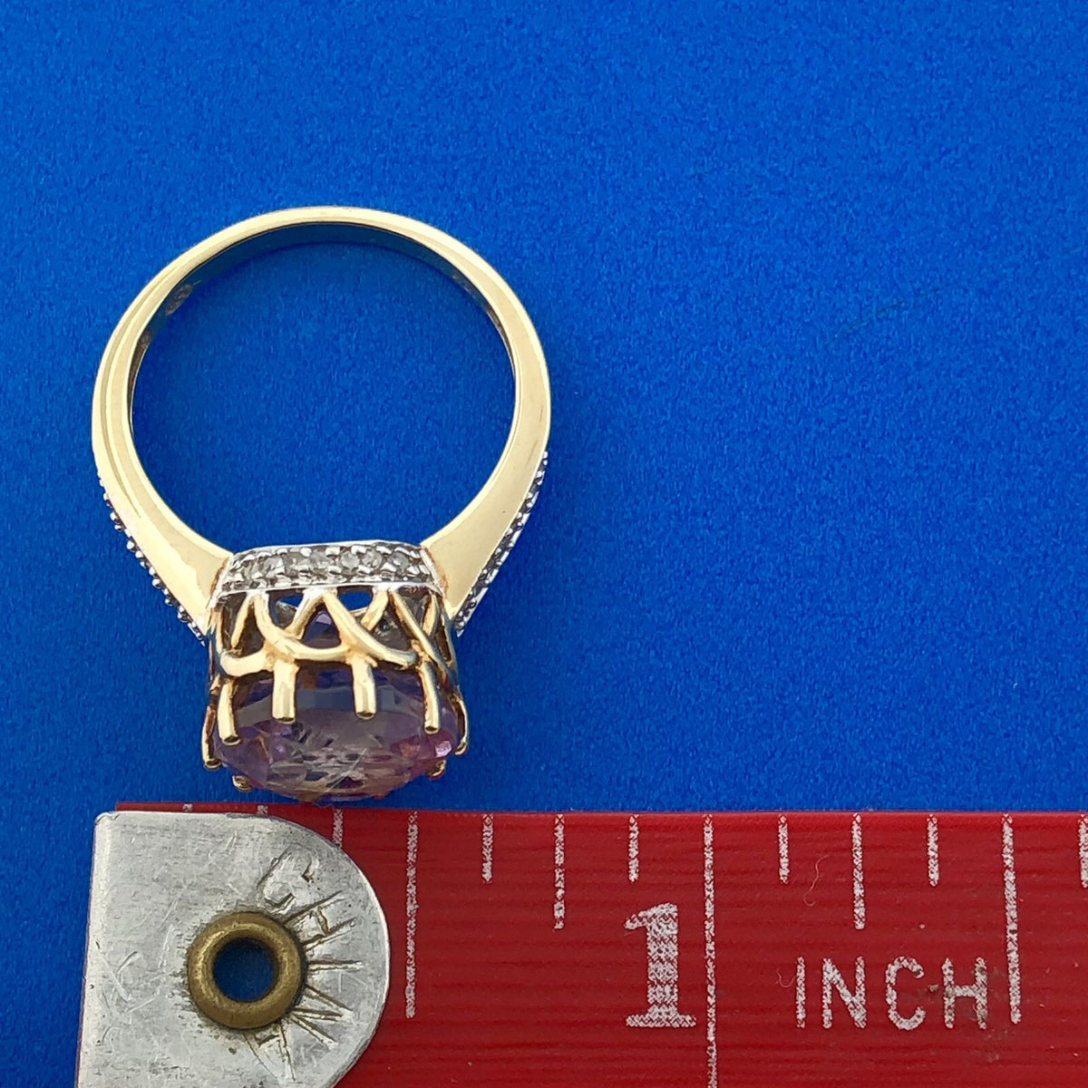 10K Yellow Gold Amethyst Cocktail Solitaire Diamond Accented Statement Ring