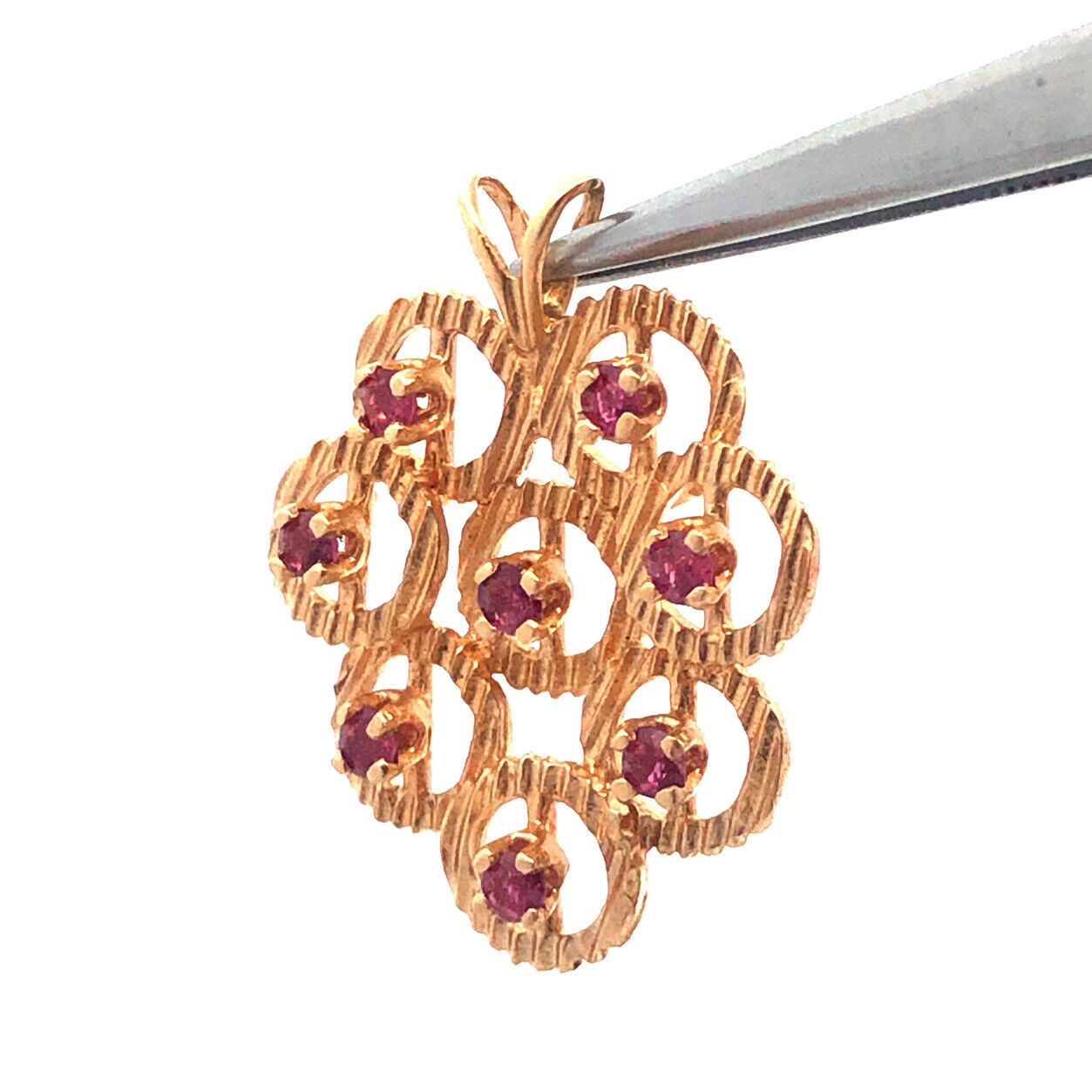 Vintage 14K Yellow Gold Ruby Free Form Circle Cluster Textured Drop Pendant