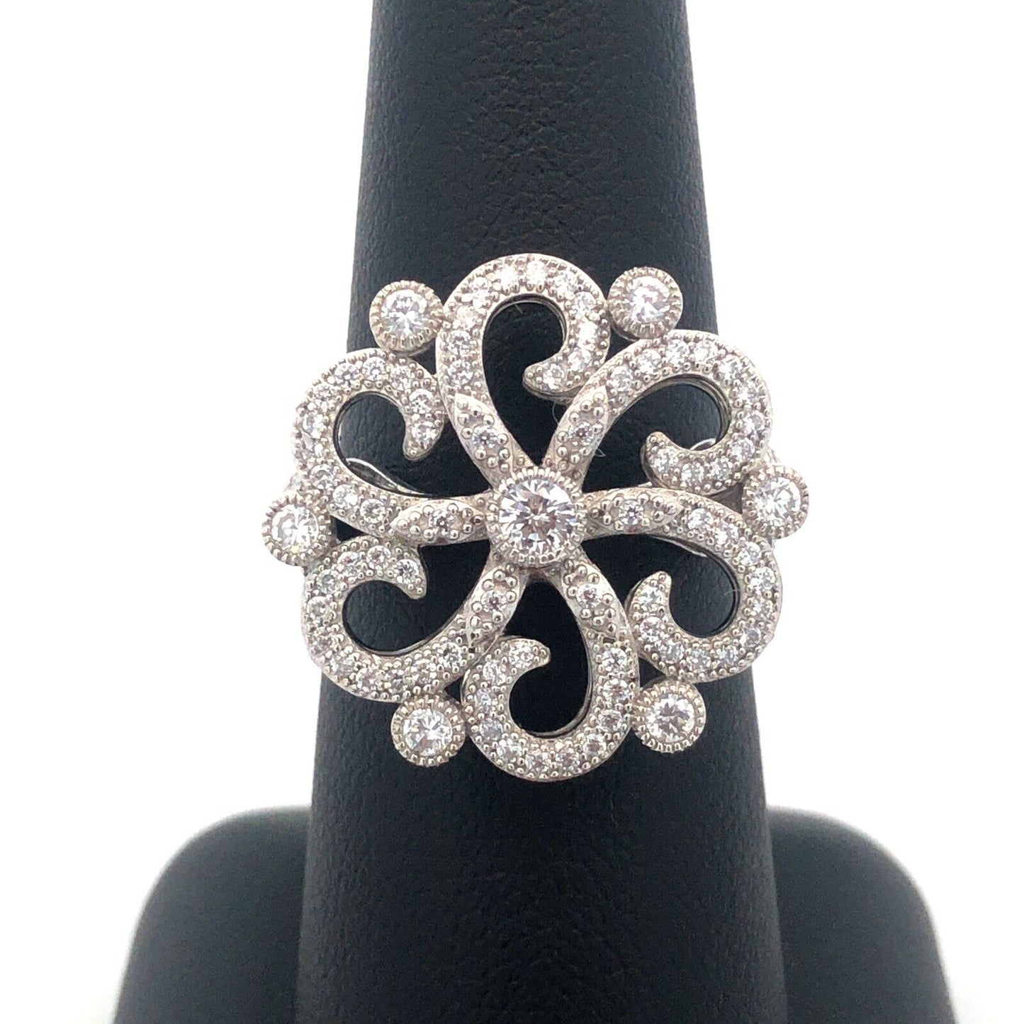 925 Sterling Silver Round Cubic Zirconia CZ Flower Swirl Cocktail Ring