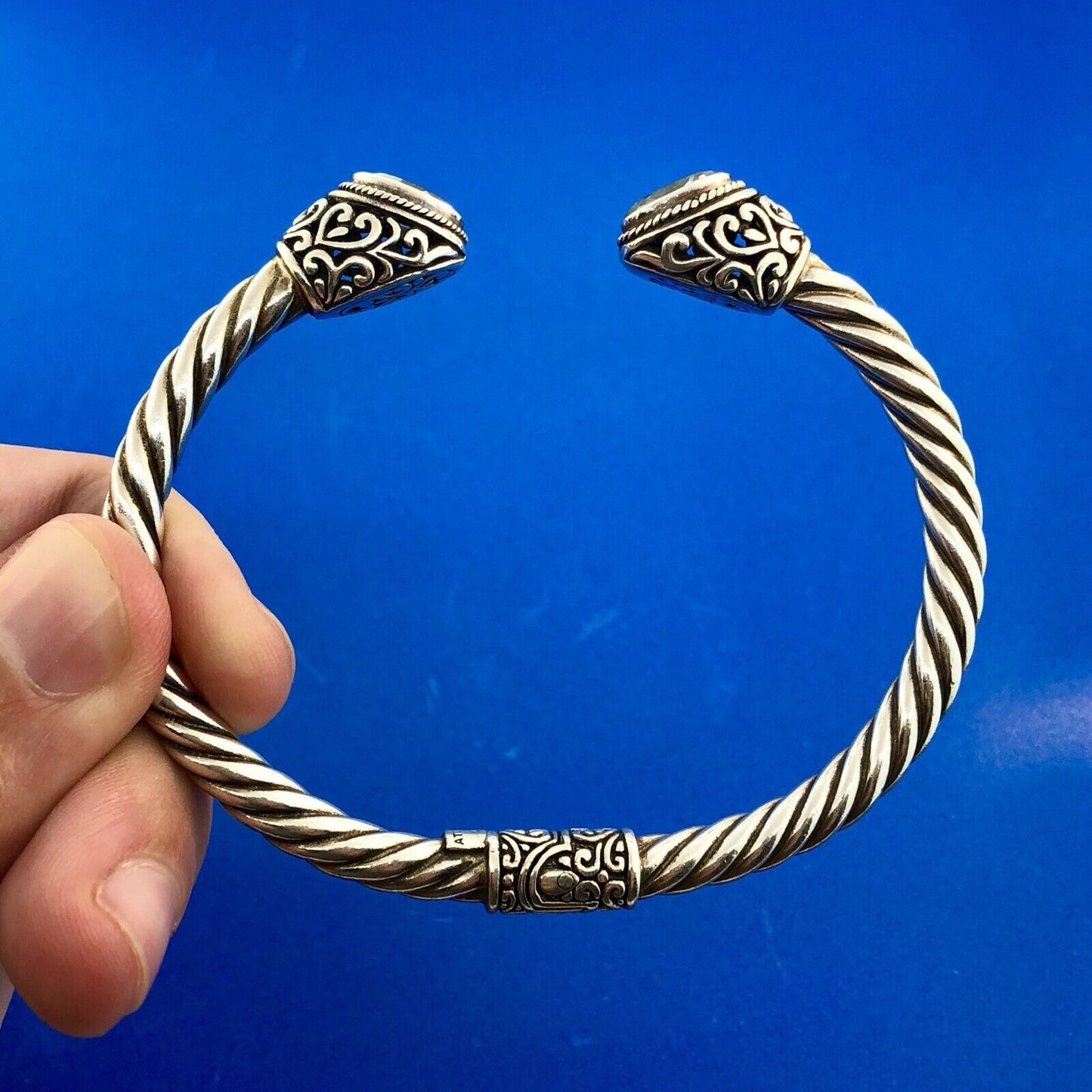 Designer ATI Sterling Silver Blue Topaz Heart Scroll Cable Hinged Cuff Bracelet