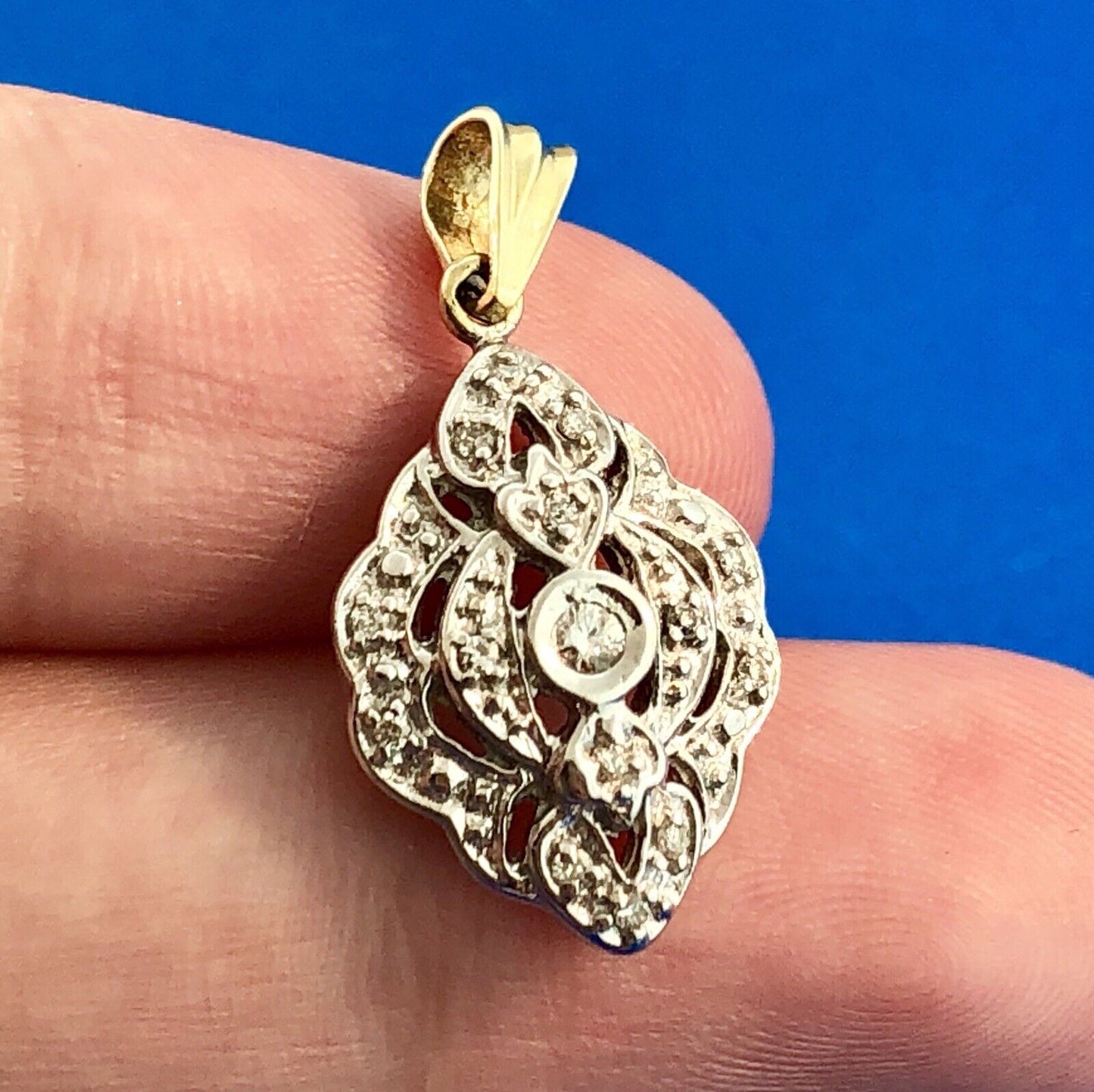 Vintage Art Deco Style 10k Yellow White Gold Diamond Pendant
